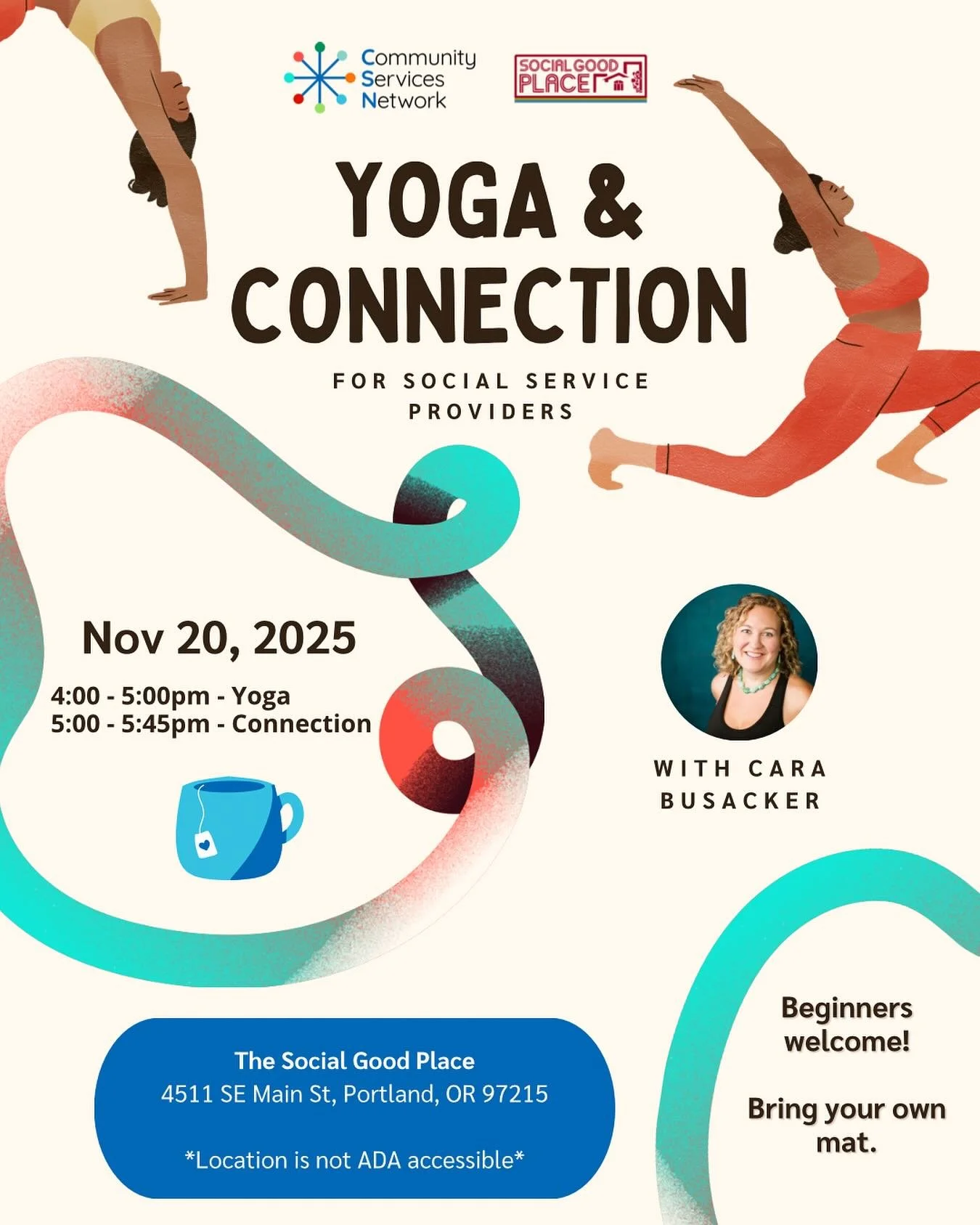 We are so excited to offer a moment of pause and connection to our social service providers during a busy holiday season! 

November 20th from 4 - 5:45pm, bring your mat and head over to @socialgoodplace for an opportunity to connect with yourself an