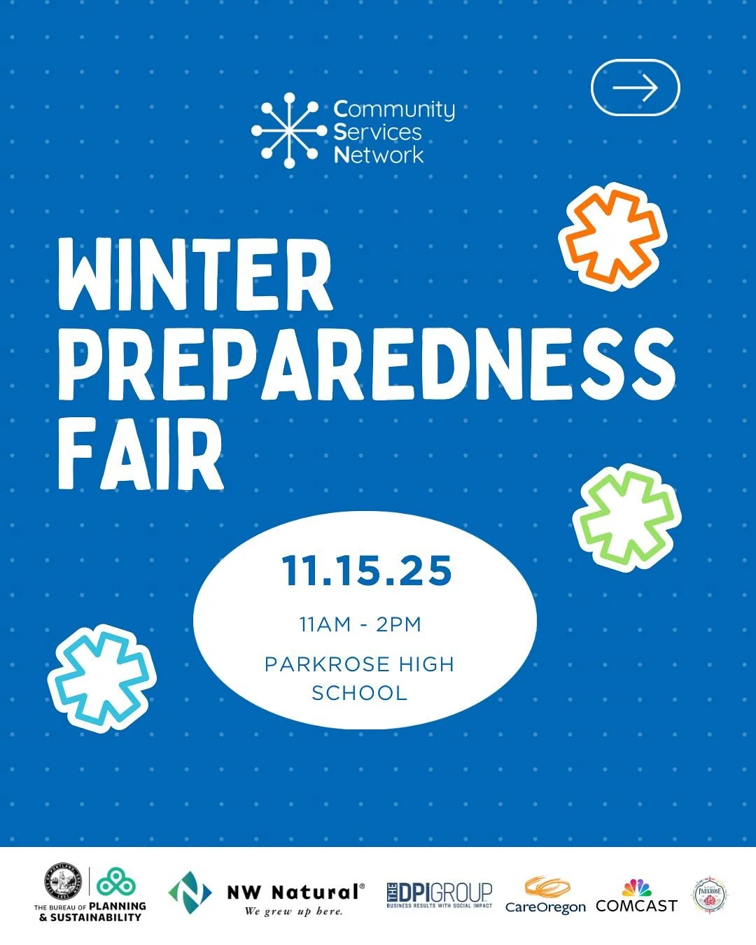 We are just one month away from our Winter Preparedness fair!!
📆 November 15, 2025
⏰ 11am - 2pm
📍Parkrose High School 
Come grab kids winter coats (while supplies last), food to eat and take home, home weatherization kits, free flu vaccines, sign