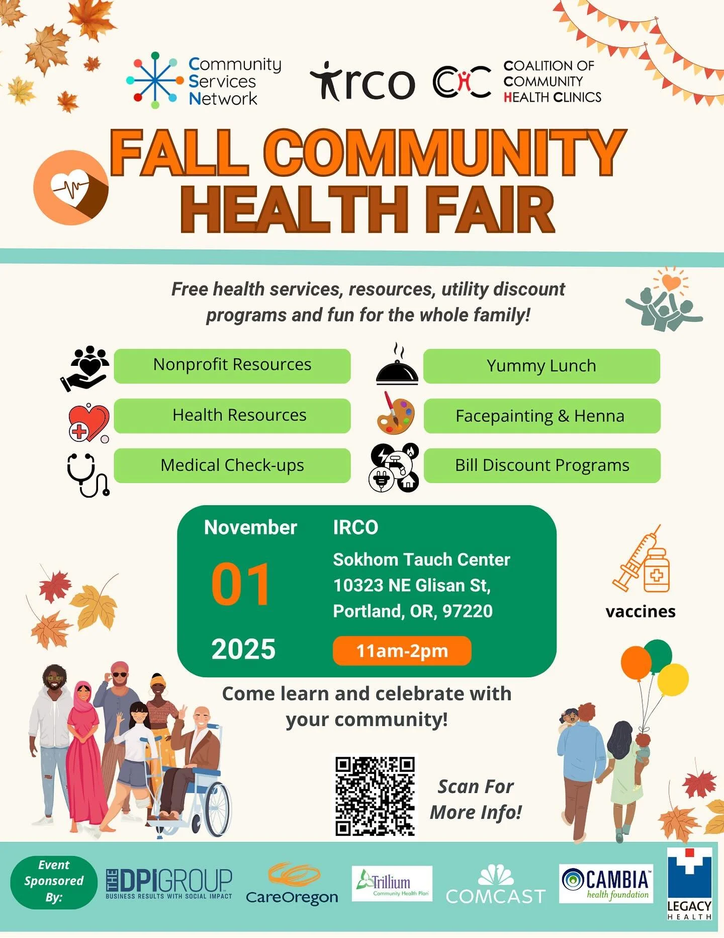 🎉 Our 4th Annual Community Health Fair at IRCO is just around the corner! 🎉
We’re so excited to be teaming up once again with our amazing partners at @irco_updates and CCHC for this special event. 
📅 Saturday, November 1st
🕚 11 AM – 2