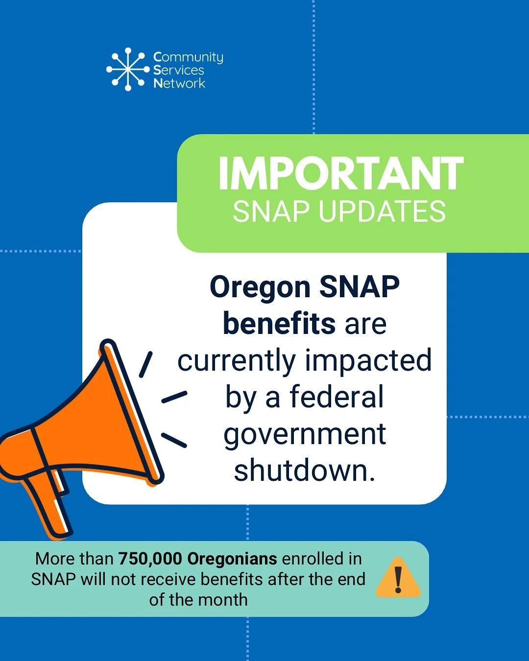 ‼️ Over 750,000 Oregonians, more than half of whom are children, seniors, or people with disabilities, will not receive benefits at the end of the month.‼️
Here’s a quick snapshot of what you need to know. Please follow along with Oregon.gov t