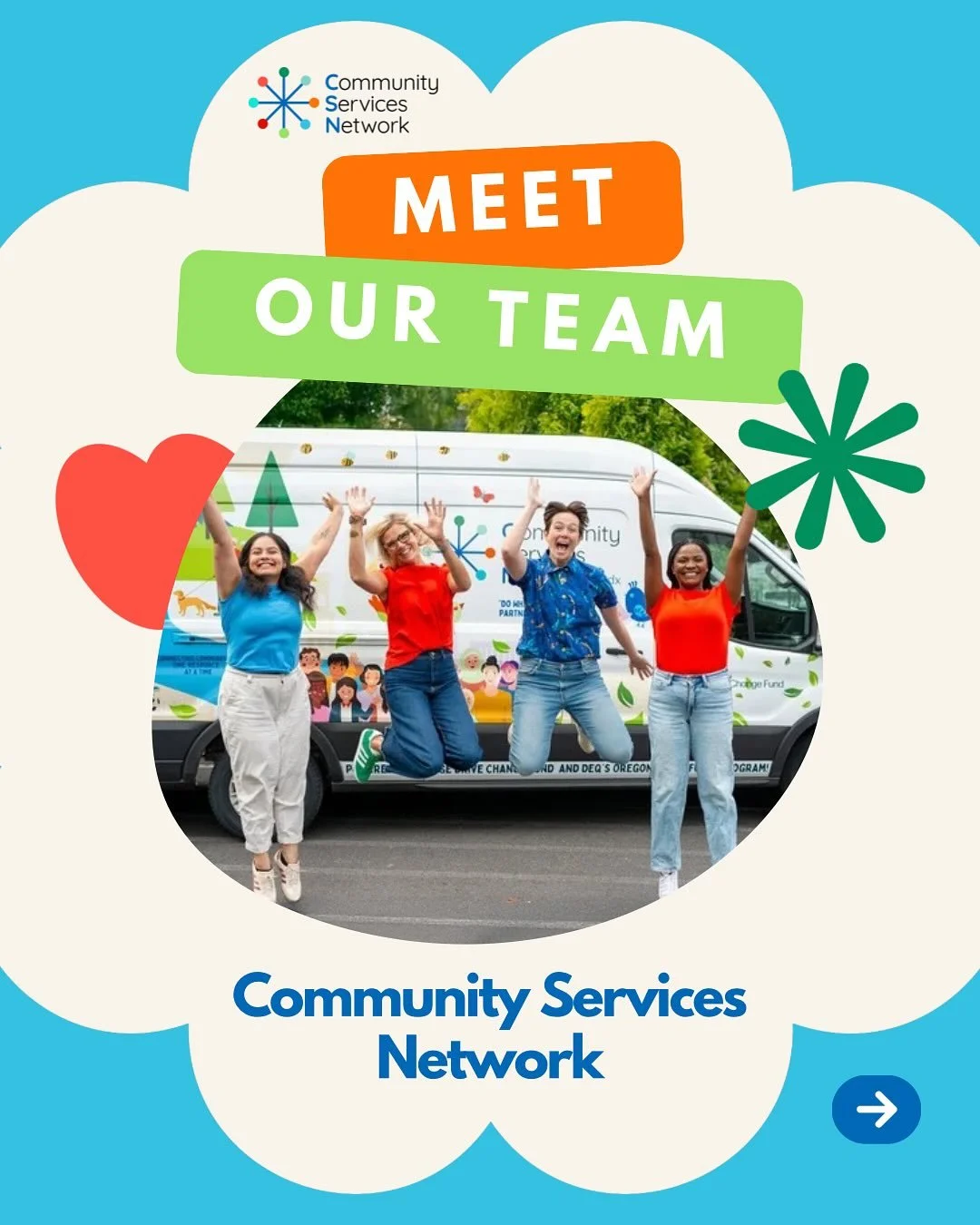 Meet the team! 

Did you know CSN is a team of 4? 
❤️ Annie Lindekugel - Executive Director
🧡 Berryl Omollo - Community Health Engagement Specialist 
💛 Jade Garza - Outreach Coordinator 
💚 Marin Ricketson - Program Lead

Learn more about us via ou