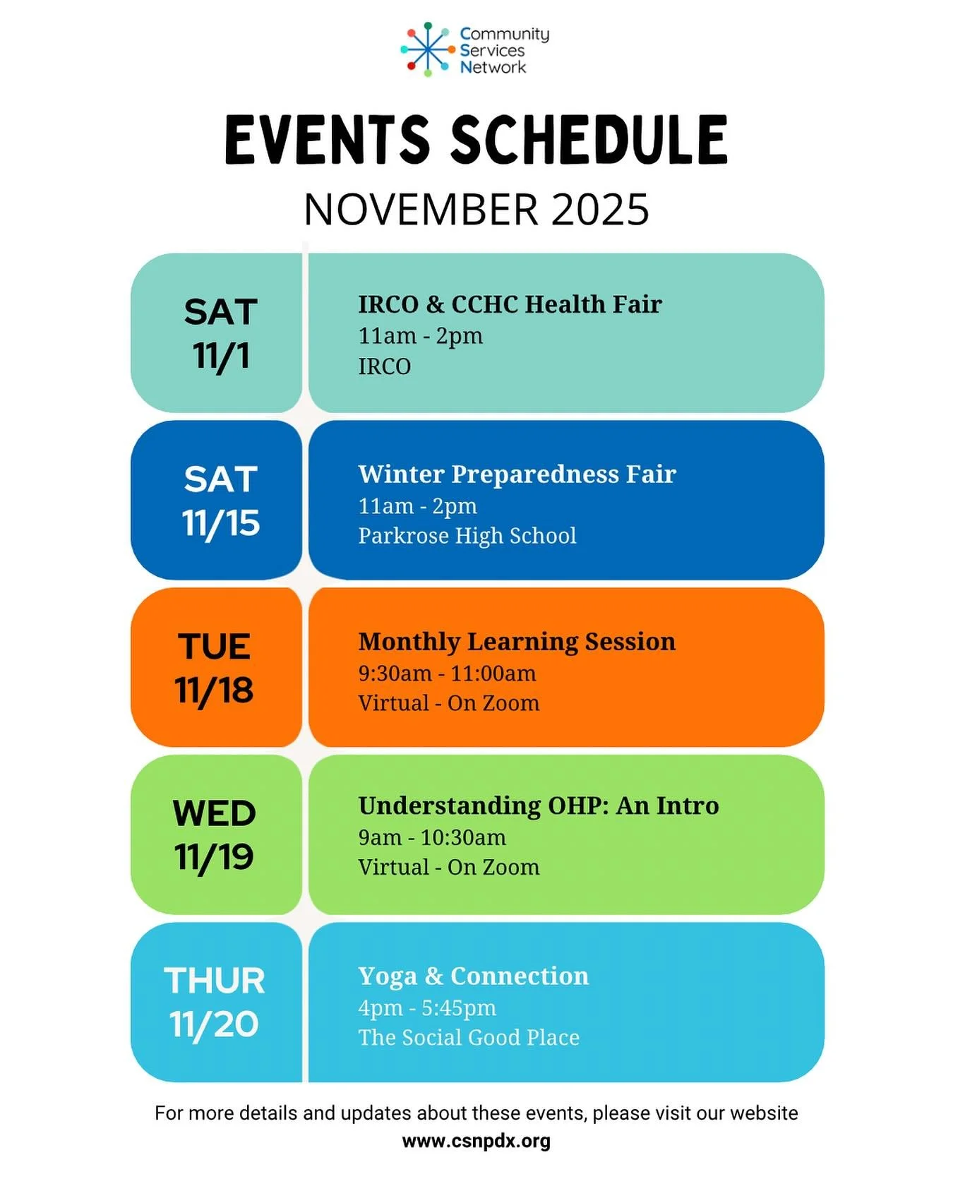 We have a lot going on this month! 

🩺 11/1 - Had a wonderful health fair at @irco_updates 

❄️ 11/15 - Winter Preparedness Fair at Parkrose High School

✏️11/18 - Monthly Learning Session 

❤️11/19 - Understanding OHP: An Intro

🧘11/20 - Yoga &amp