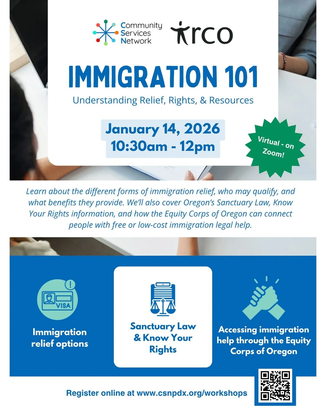 Join us on January 14 for a virtual Immigration 101 training presented by @irco_updates 

📆 January 14, 2026
⏰ 10:30am - 12:00pm
📍 On Zoom

Learn about: 
✨ Immigration relief options
⚖️ Sancuary Law &amp; Know your Rights
🫶 Accessing immigration h