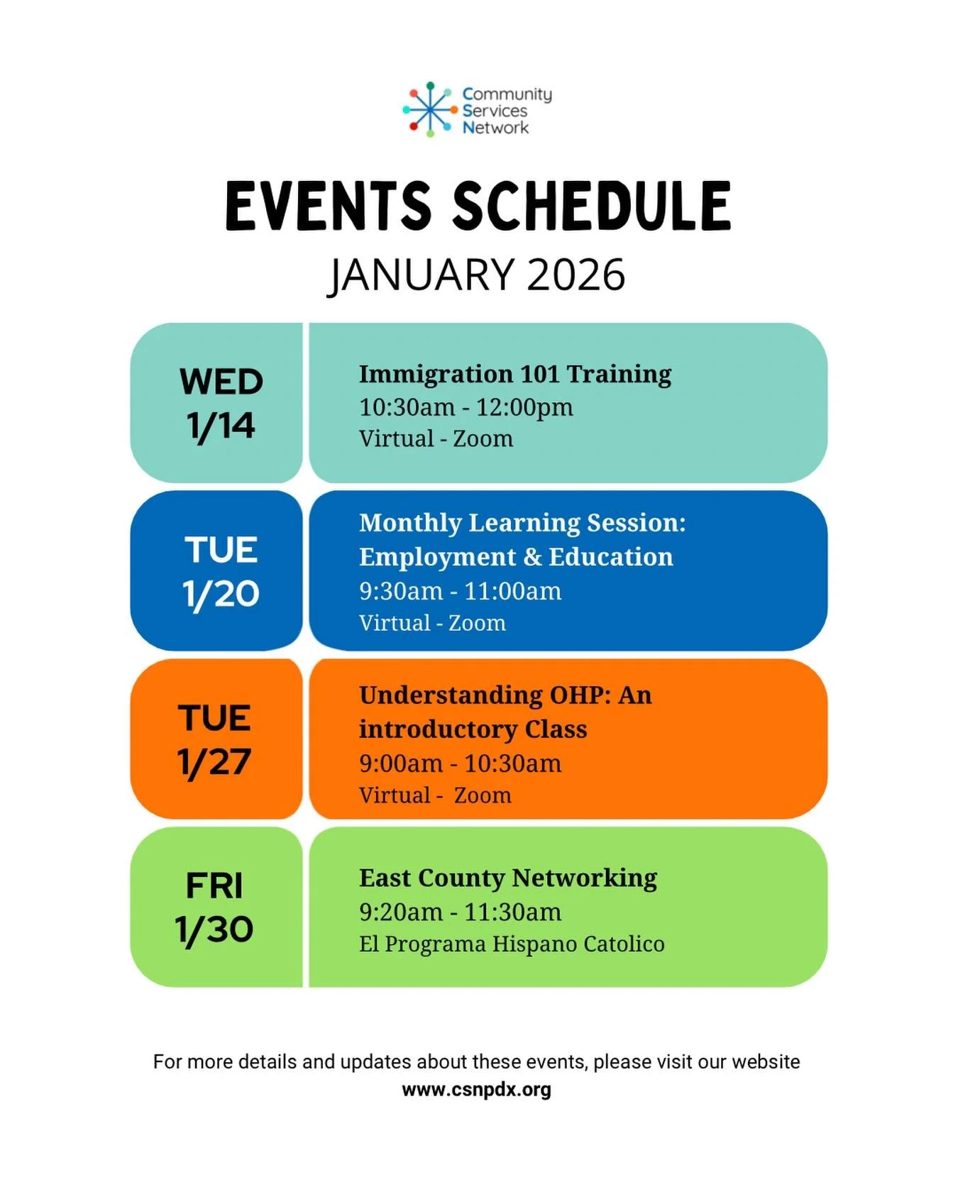 Very excited about what&rsquo;s happening this January! 

1/14 - ❤️ Immigration 101 with @irco_updates 
1/20 - ✏️ Monthly Learning Session (Employment &amp; Education) 
1/27 - 🏥 Understanding OHP: An Introductory class with @careoregon 
1/30 - 🤝 Ea