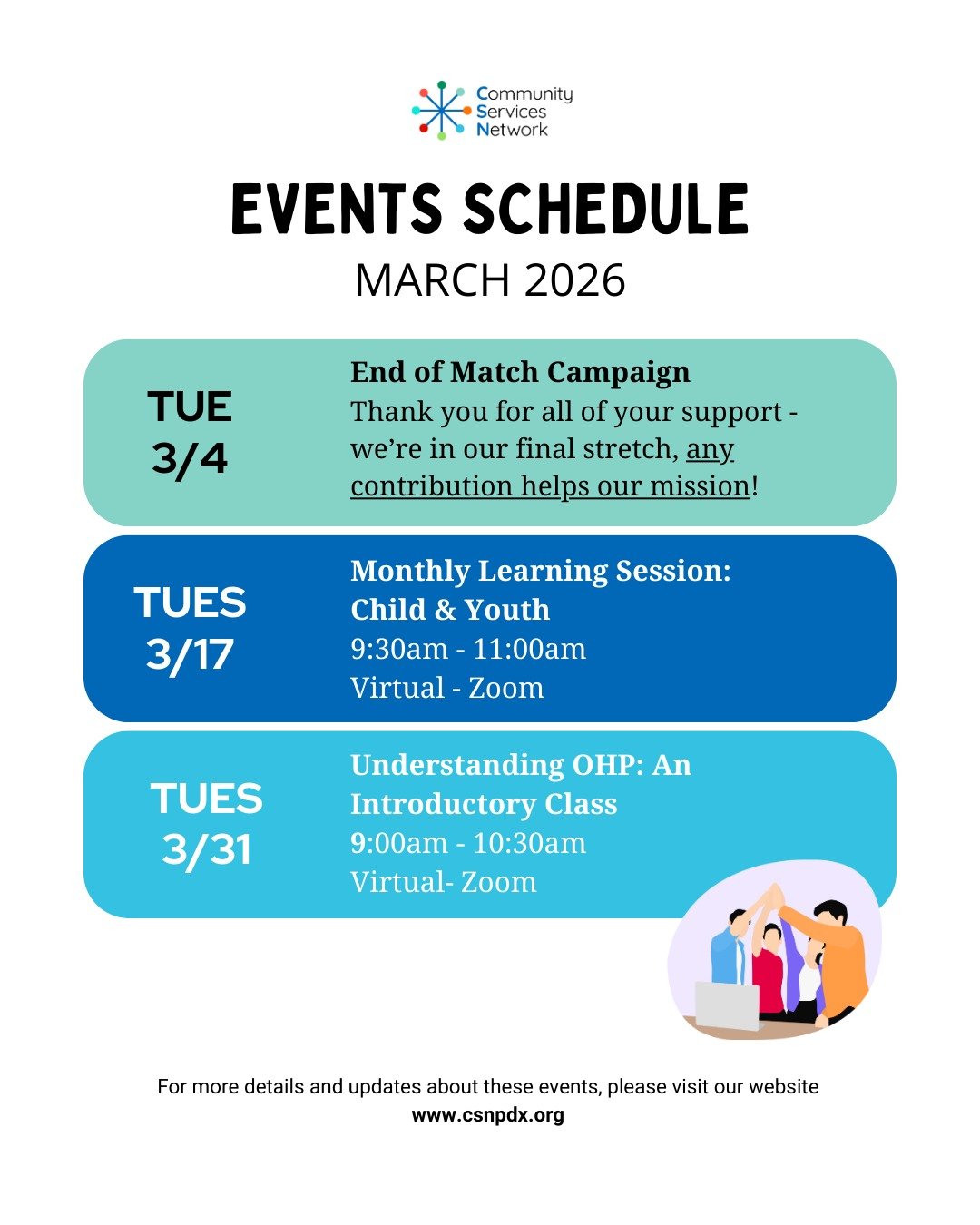 Check out our March event schedule 🙌

We're celebrating the close of our first match campaign (there's still time to contribute!!), hosting our Child &amp; Youth focused Monthly Learning Session, and looking ahead to our Understanding OHP: Introduct