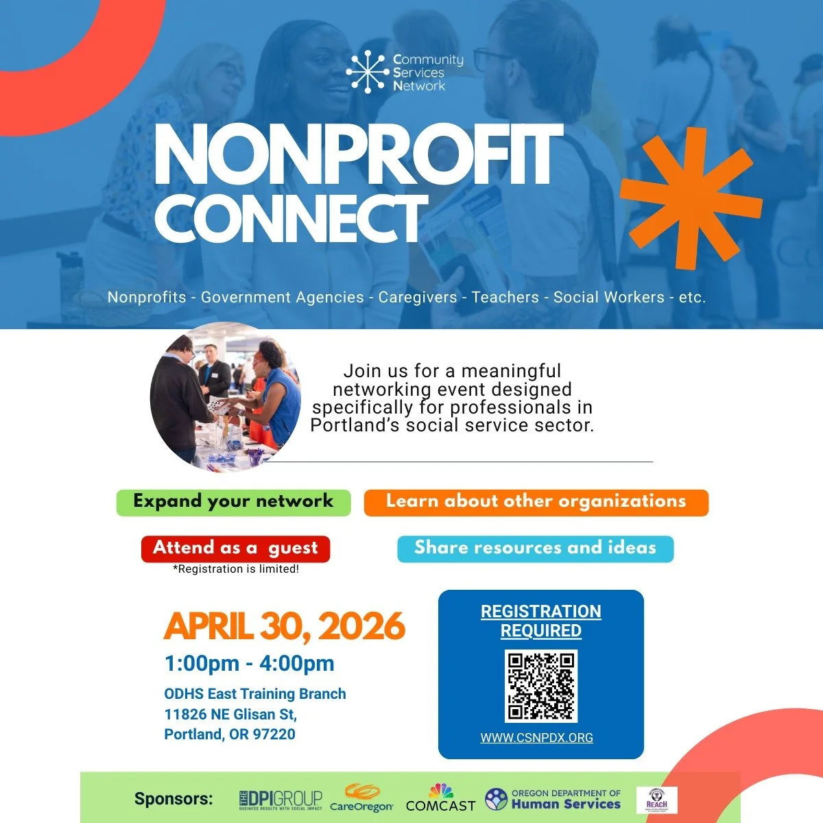 Our Nonprofit Connect is almost here, and we can't wait to gather with community partners, service providers, and frontline staff 💙

Happening on April 30th from 1:00pm - 4:00pm at the ODHS East Training Branch (11826 NE Glisan St., Portland, OR 972