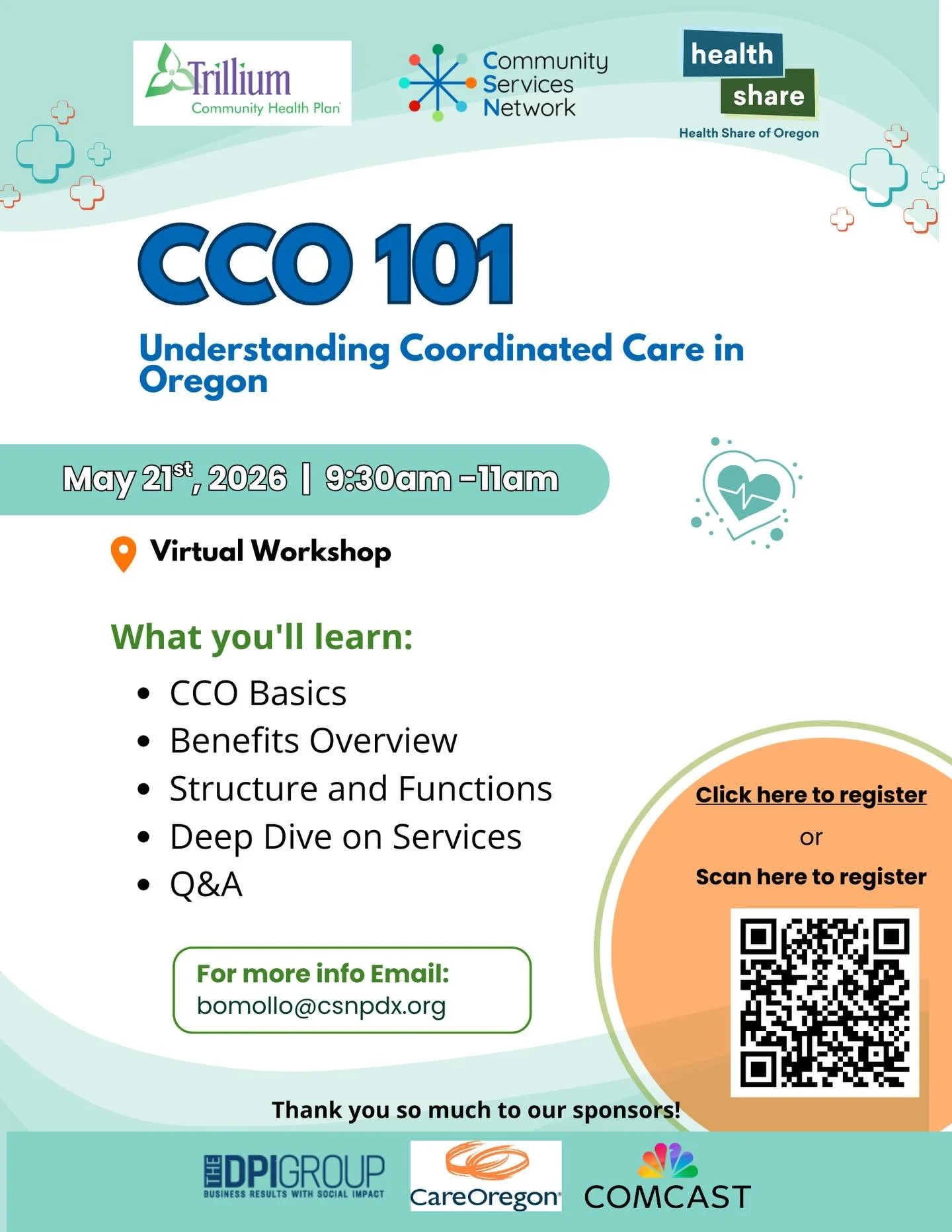 💡CCO 101 is coming up!
Join us for a virtual session where you&rsquo;ll hear directly from Trillium Community Health Plan and Health Share of Oregon @healthshareor about how Coordinated Care Organizations work and support our communities.

🗓 May 21