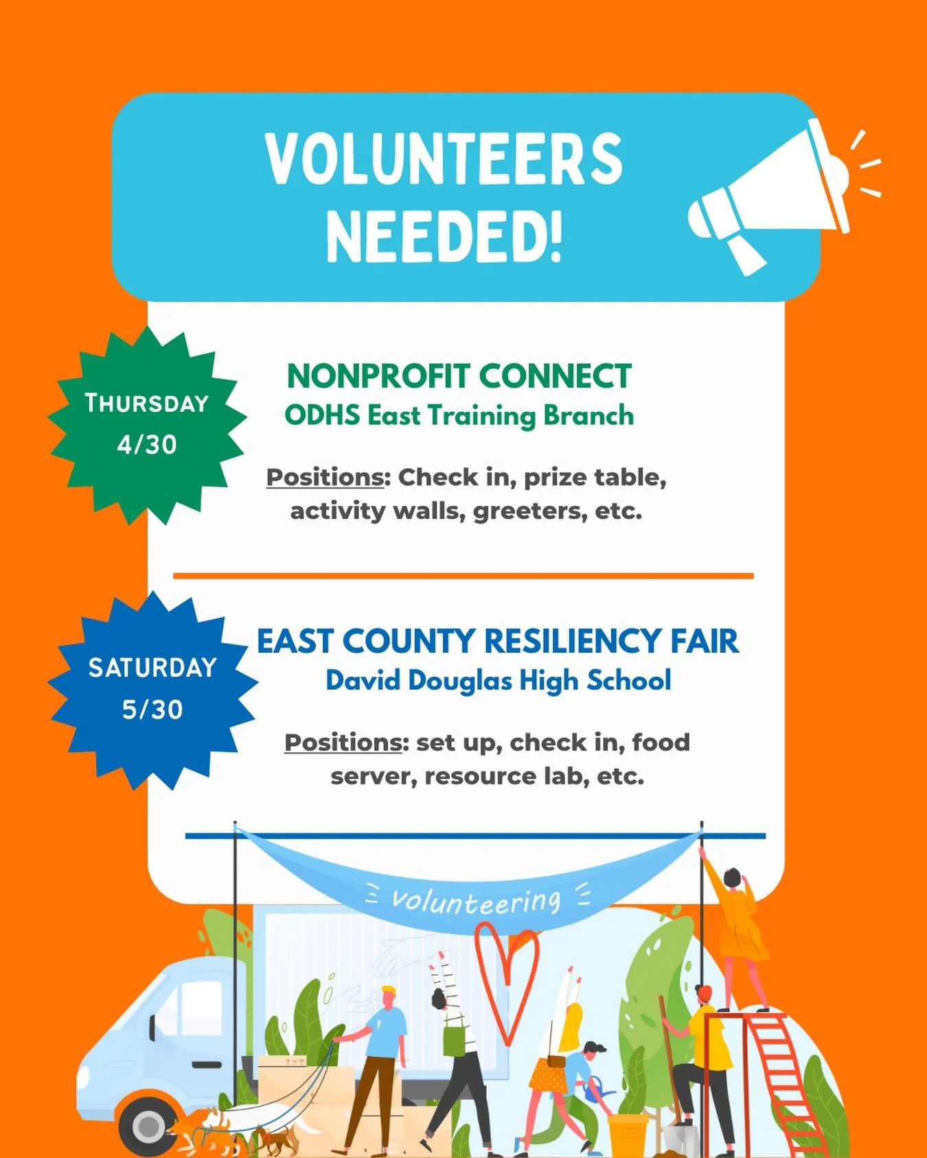 📣 VOLUNTEERS NEEDED! 📣

✨ 4/30 Nonprofit Connect from 1-4pm
💚 5/30 Resiliency Fair from 11am - 2pm

Please consider spending some time with us helping the community! Sign up online at www.csnpdx.org

#volunteerpdx #volunteer #portland