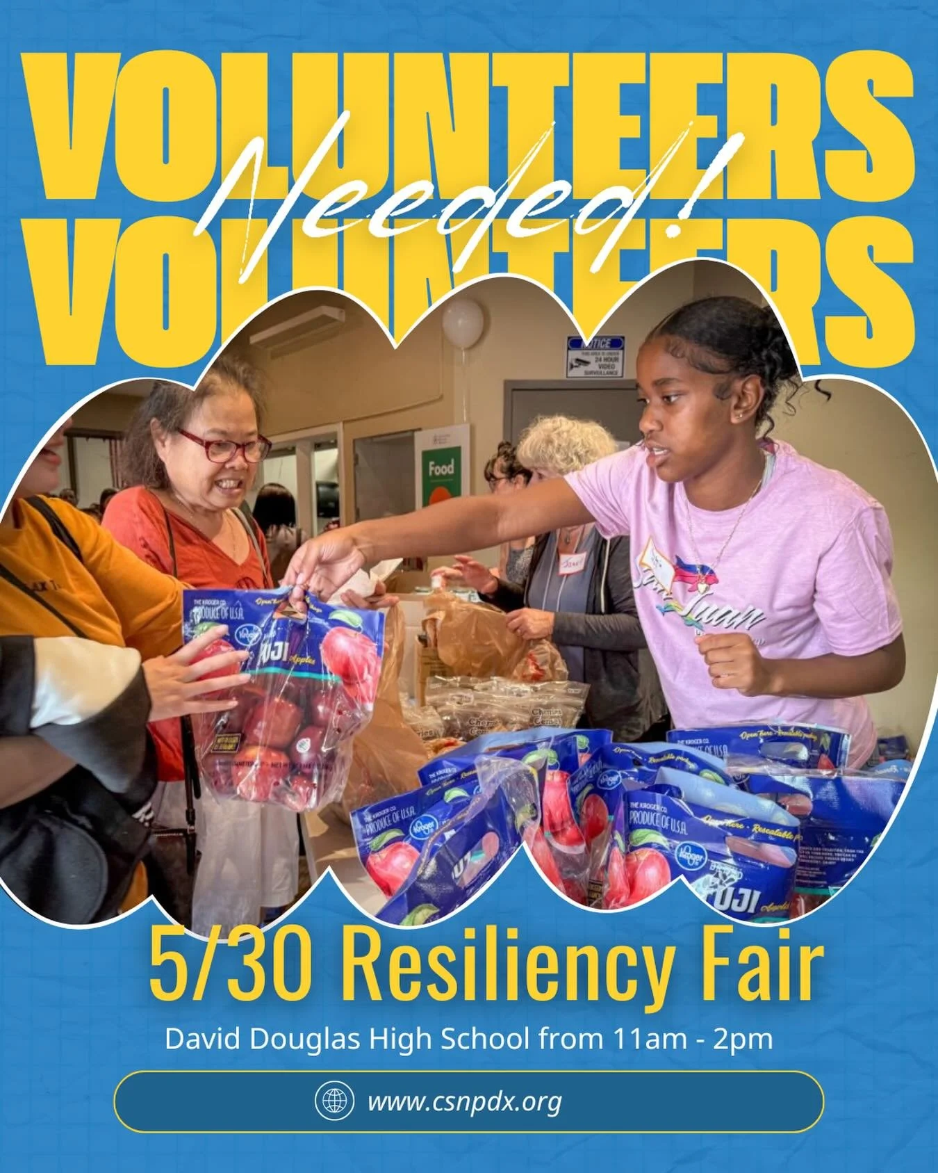 📢 VOLUNTEERS NEEDED! 

We need your help at our Portland Resiliency Fair! 

📆 SAT, May 30
⏱️ 11am - 2pm (shifts may go outside of this range)
📍David Douglas High School
✨ Multiple shifts available including check in, set up, computer lab, and more