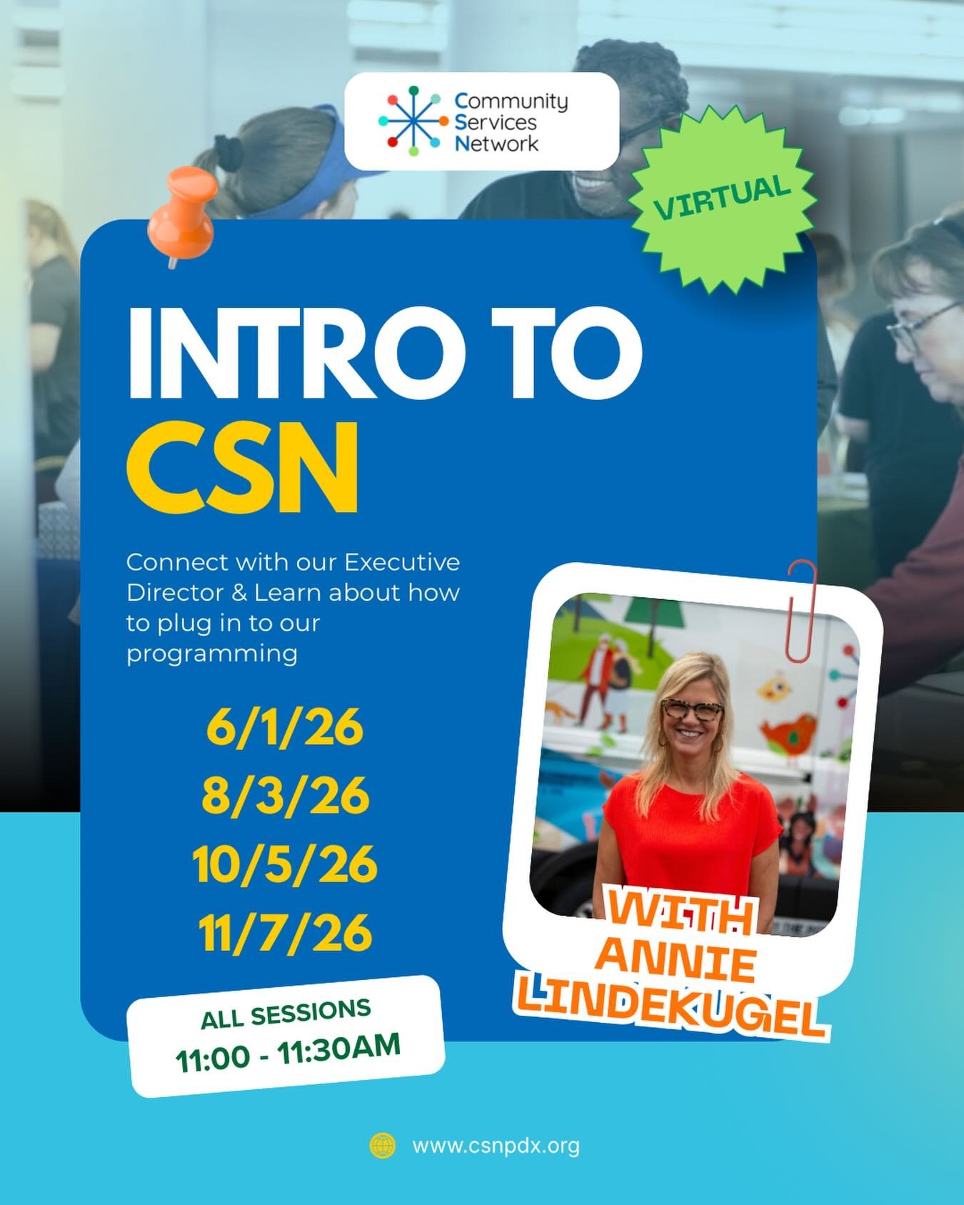 Allow us to introduce ourselves! 

Curious about what CSN does and how to get involved? Join us for one of our upcoming Intro to CSN meetings! 

Connect with our Executive Director, Annie Lindekugel and walk away with confidence on how to plug in and