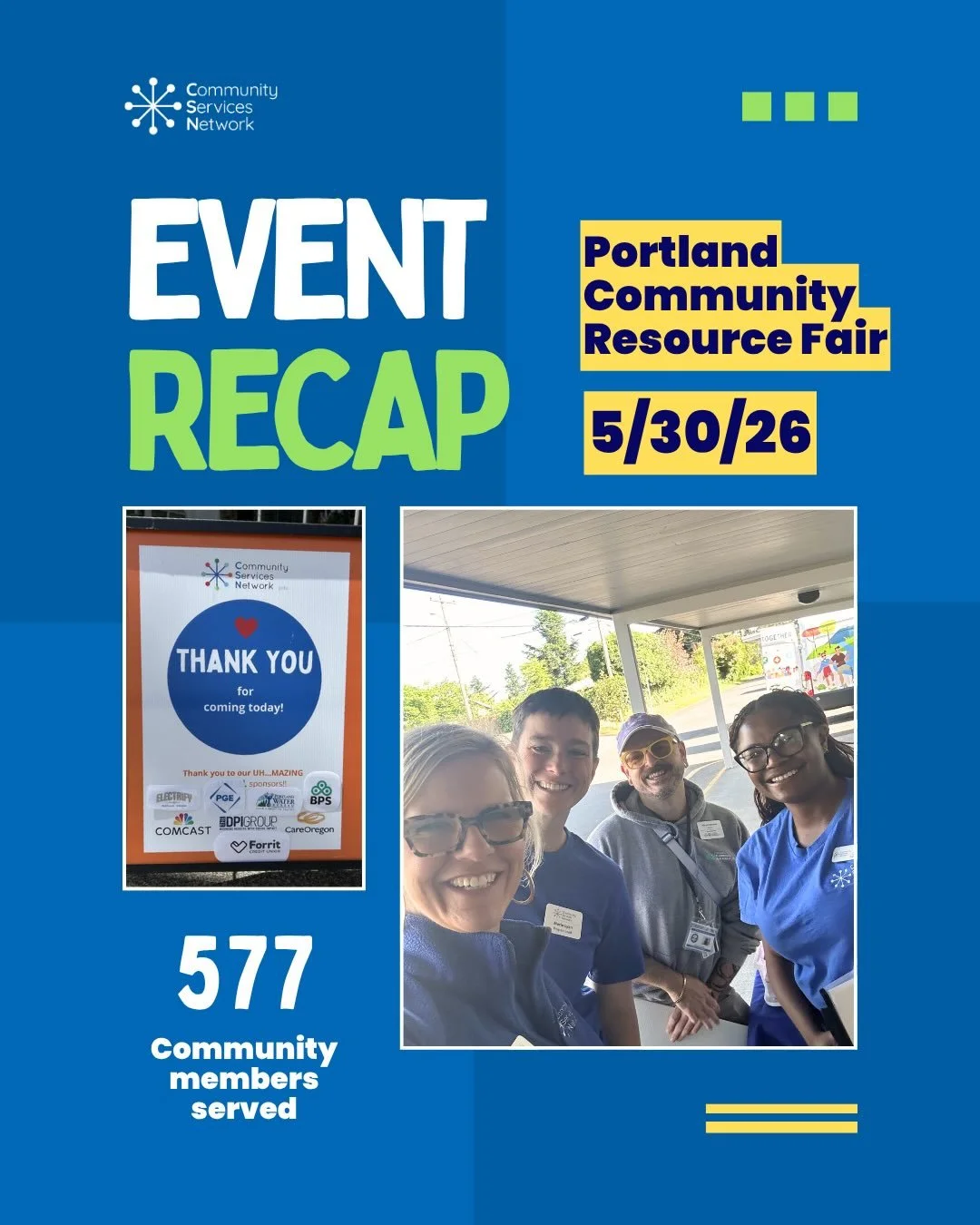 We had a wonderful event this past Saturday at our Portland Community Resiliency Fair! 

577 community members were connected to vital resources and were able to test out electric transportation. 

Thank you so much to our table hosts, service provid