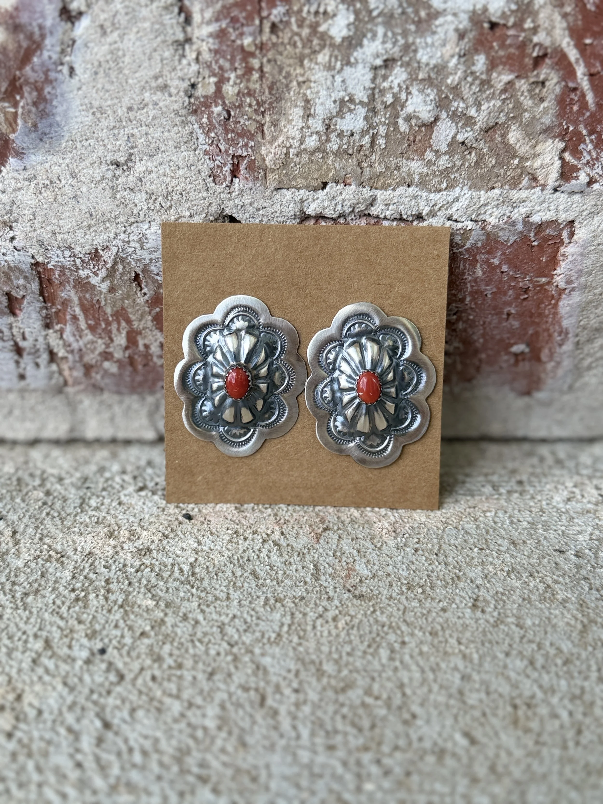 Red Coral Concho Earrings