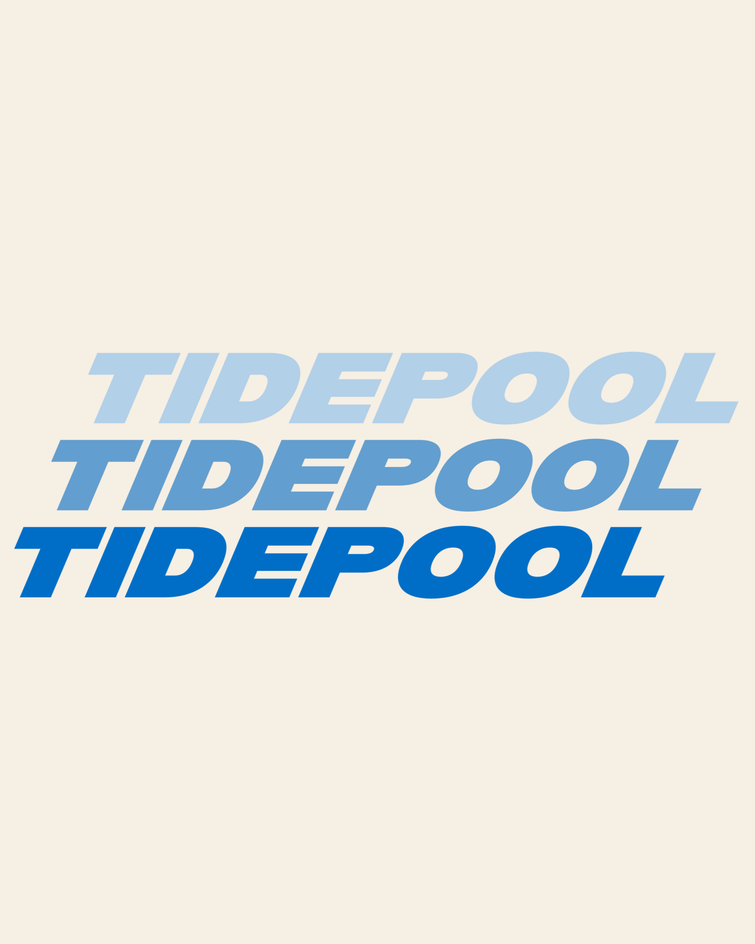 The word 'TIDEPOOL' written four times in varying shades of blue, from light to dark, on a beige background.