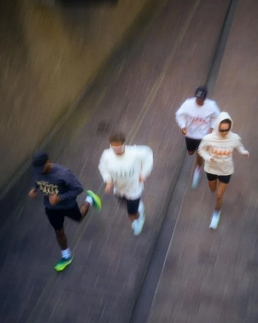 Four people running on a track or pathway, viewed from above, blurred motion, wearing athletic clothing and sneakers.