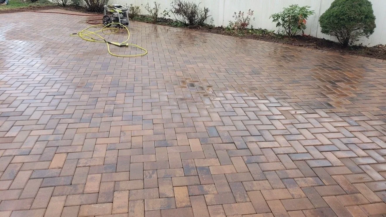 A wet brick driveway with a garden hose and cleaning equipment in the background. There are bushes and a white fence along the edge.