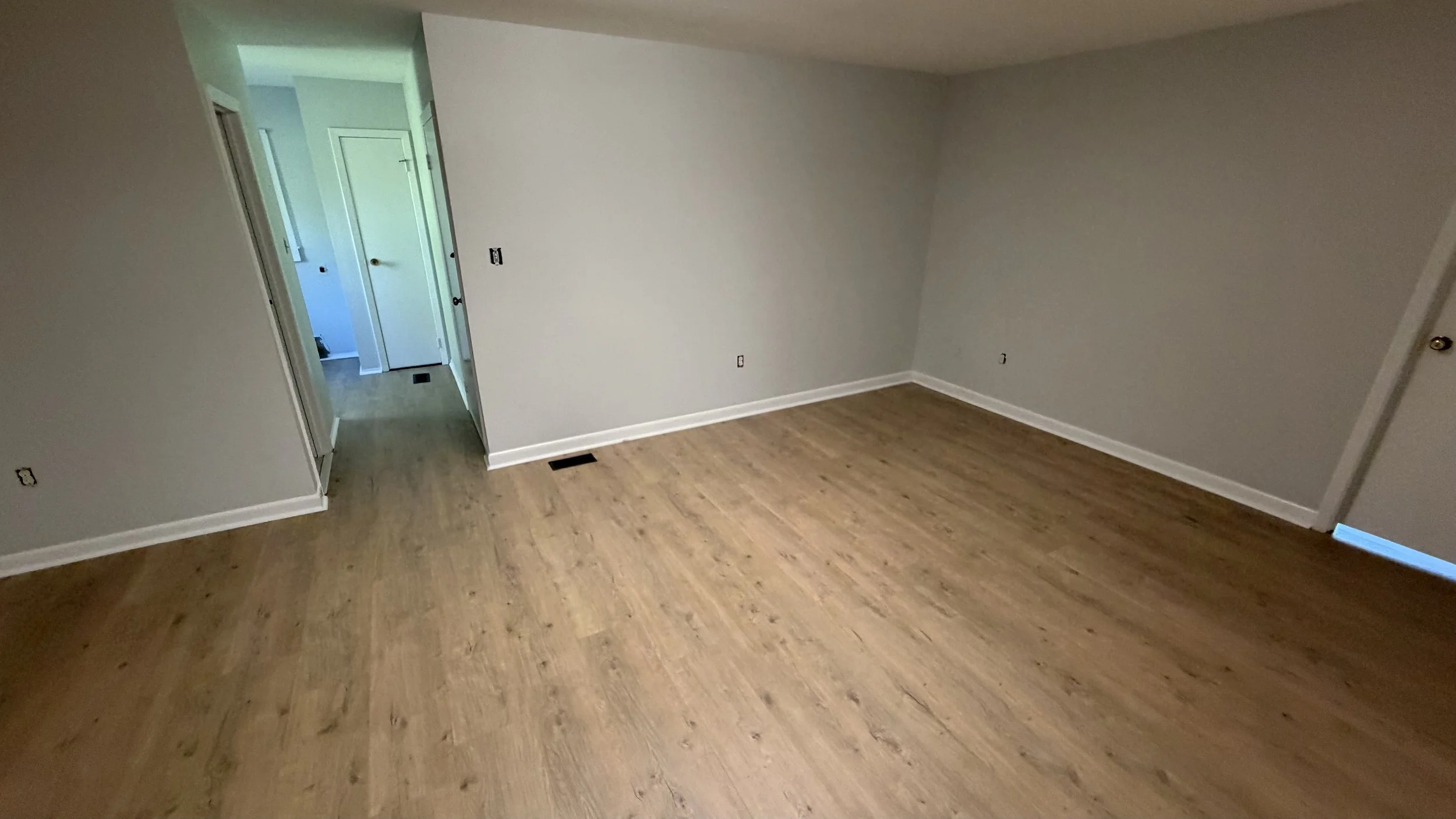 Empty room with light-colored walls, hardwood flooring, and an open doorway leading to another room.