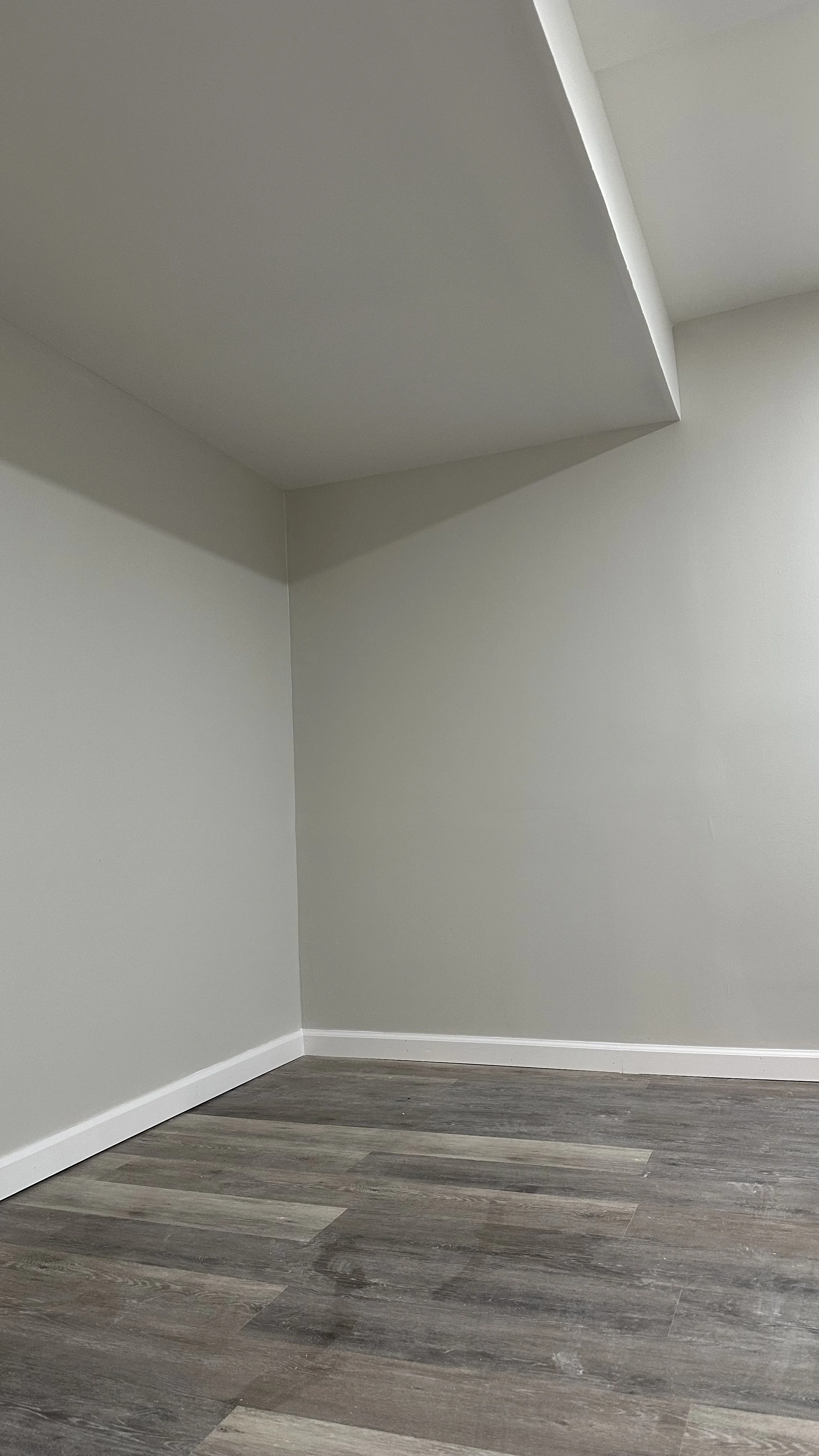 Empty room with gray walls, white baseboard, and gray wood flooring.