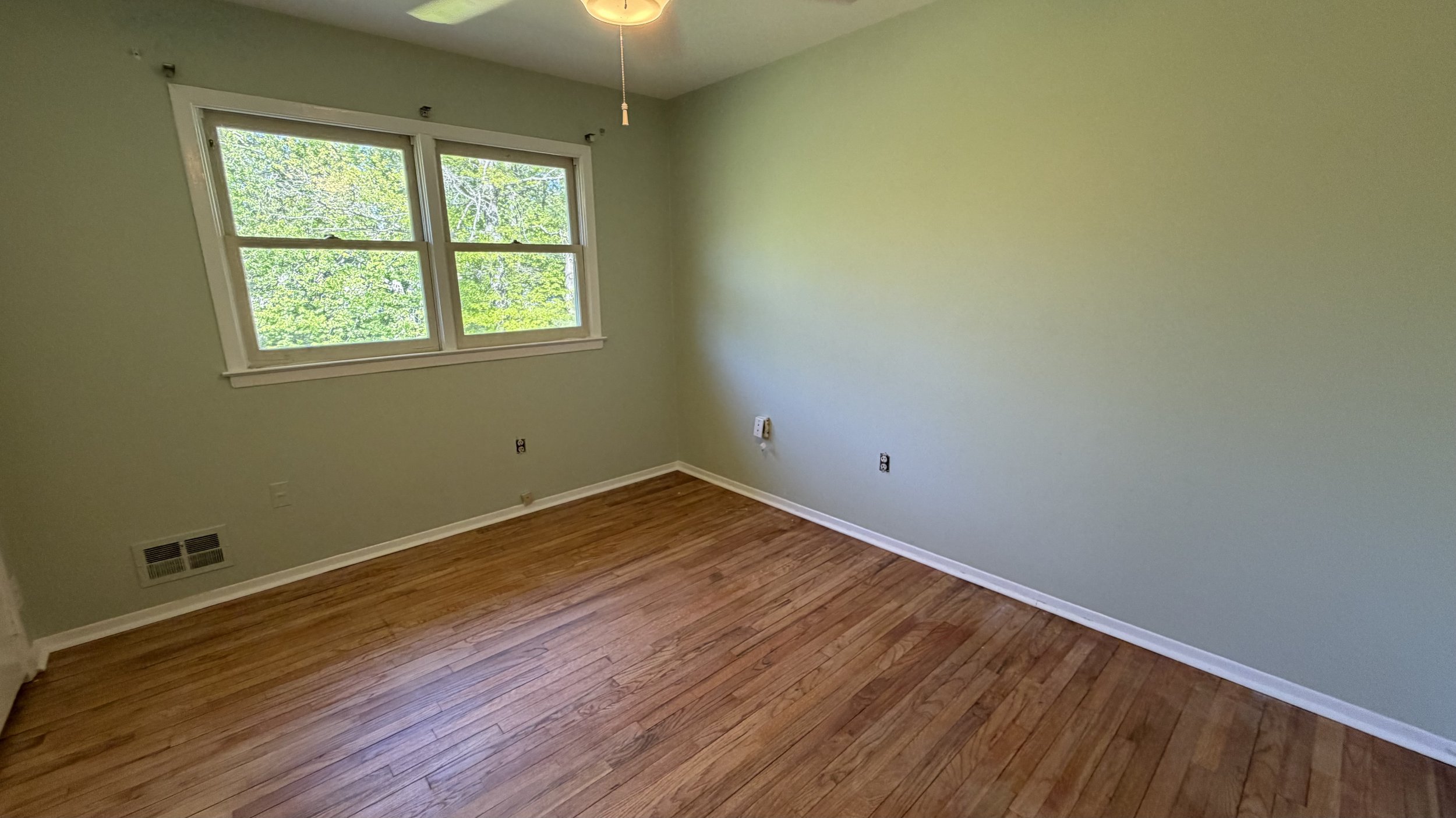An empty room with light green walls, a window with white trim showing trees outside, hardwood flooring, a ceiling light fixture, and several electrical outlets.