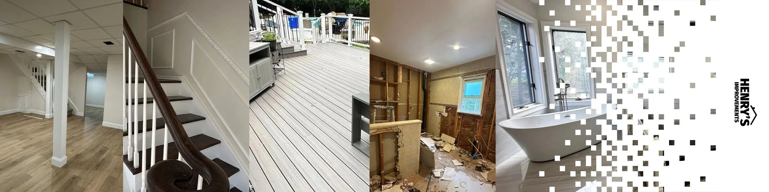 A collage of interior home renovation images including a finished basement with wooden floors, a staircase, a finished deck outside, a bathroom under renovation, and a pixelated logo of Henry's Improvements.
