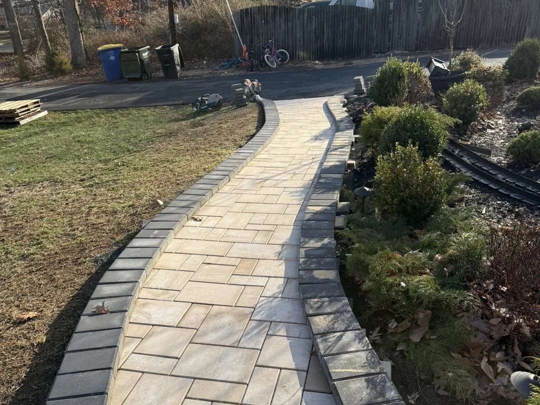 A freshly paved concrete walking path with brick borders in a residential yard, next to a garden bed with bushes and plants.