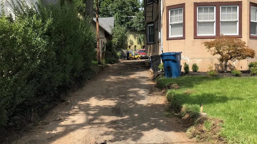 A narrow dirt path runs between a landscaped front yard with grass and bushes on the right and dense trees and shrubs on the left, leading to a quiet residential area.