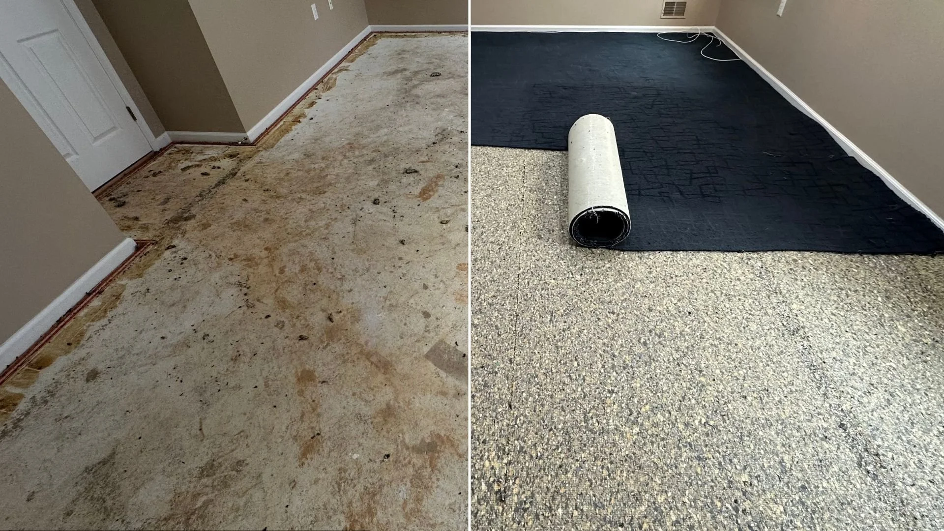 Side-by-side comparison of a room's flooring before and after renovation. On the left, the floor is stripped down to the subfloor with visible dirt and damage. On the right, the floor has been resurfaced with new speckled epoxy and covered partially with a black rug and a roller.