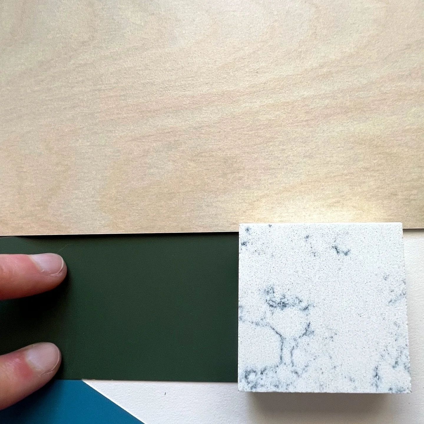 Playing with materials today!
We&rsquo;re looking at this Corian Quartz &ldquo;Blue Carrera&rdquo; chip. Swipe ➡️ to see how it changes based on what you put with it.
In the first image the deep, almost murky green might not be anyone&rsquo;s first c