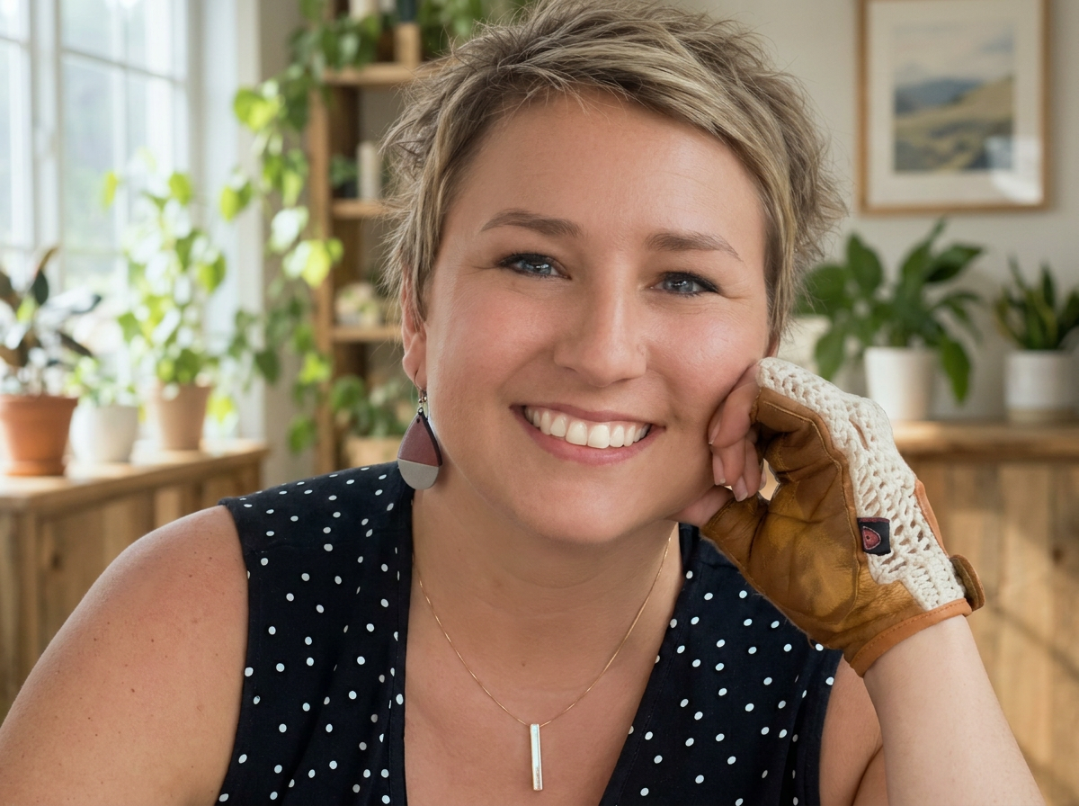 A woman with short blonde hair, smiling, resting her cheek on her hand, wearing a polka dot sleeveless top, earrings, a necklace, and a work glove, indoors with a background of potted plants and framed pictures.