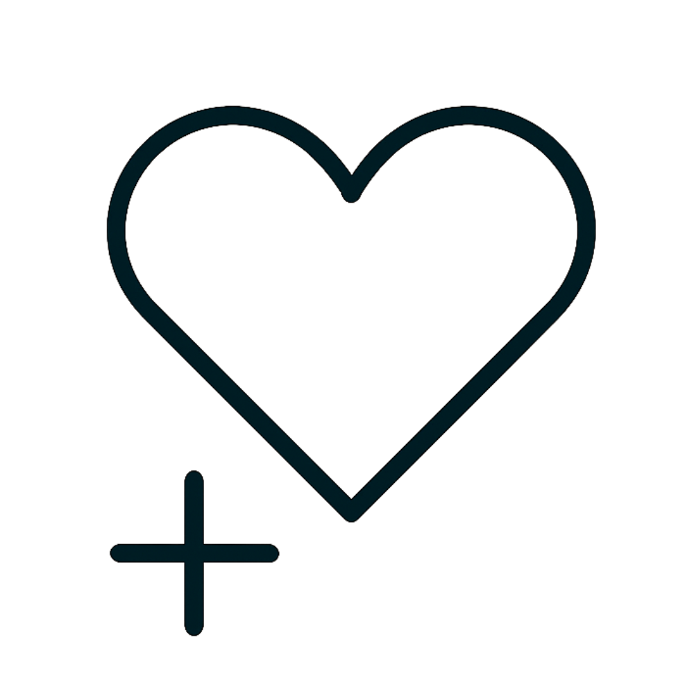 A black outline of a heart with a plus sign underneath.
