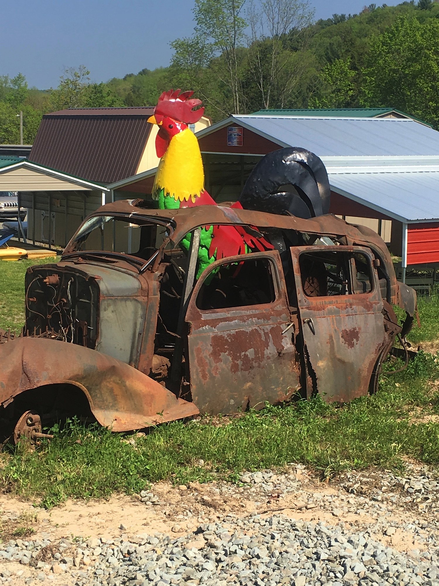 An old, rusted car with a large inflatable rooster on top.