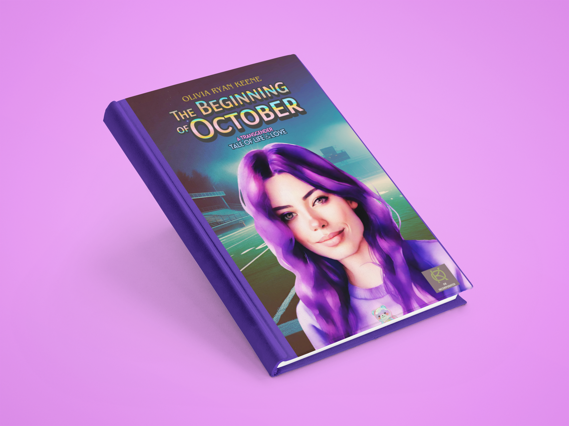 Cover of a book titled "The Beginning of October" by Olivia Ryan Keene, featuring a woman with long purple hair, set against a background with a stadium and cityscape at dusk.