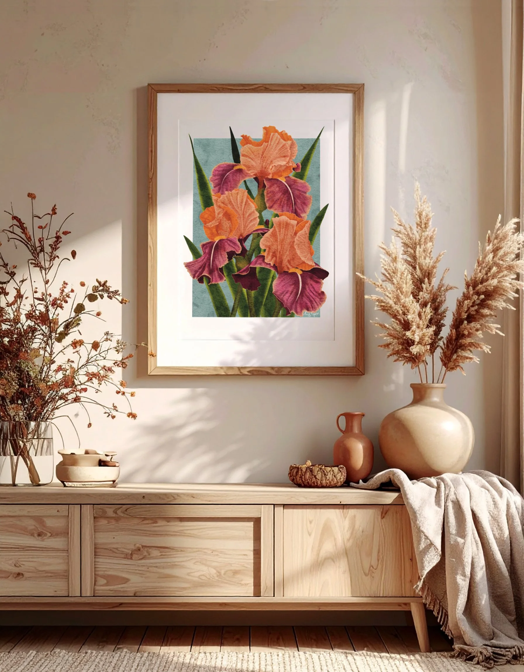 Framed Carnaby Iris fine art print by Liz Govier Art Studio in a soft-lit room with neutral décor and natural tones, styled for winter calm.