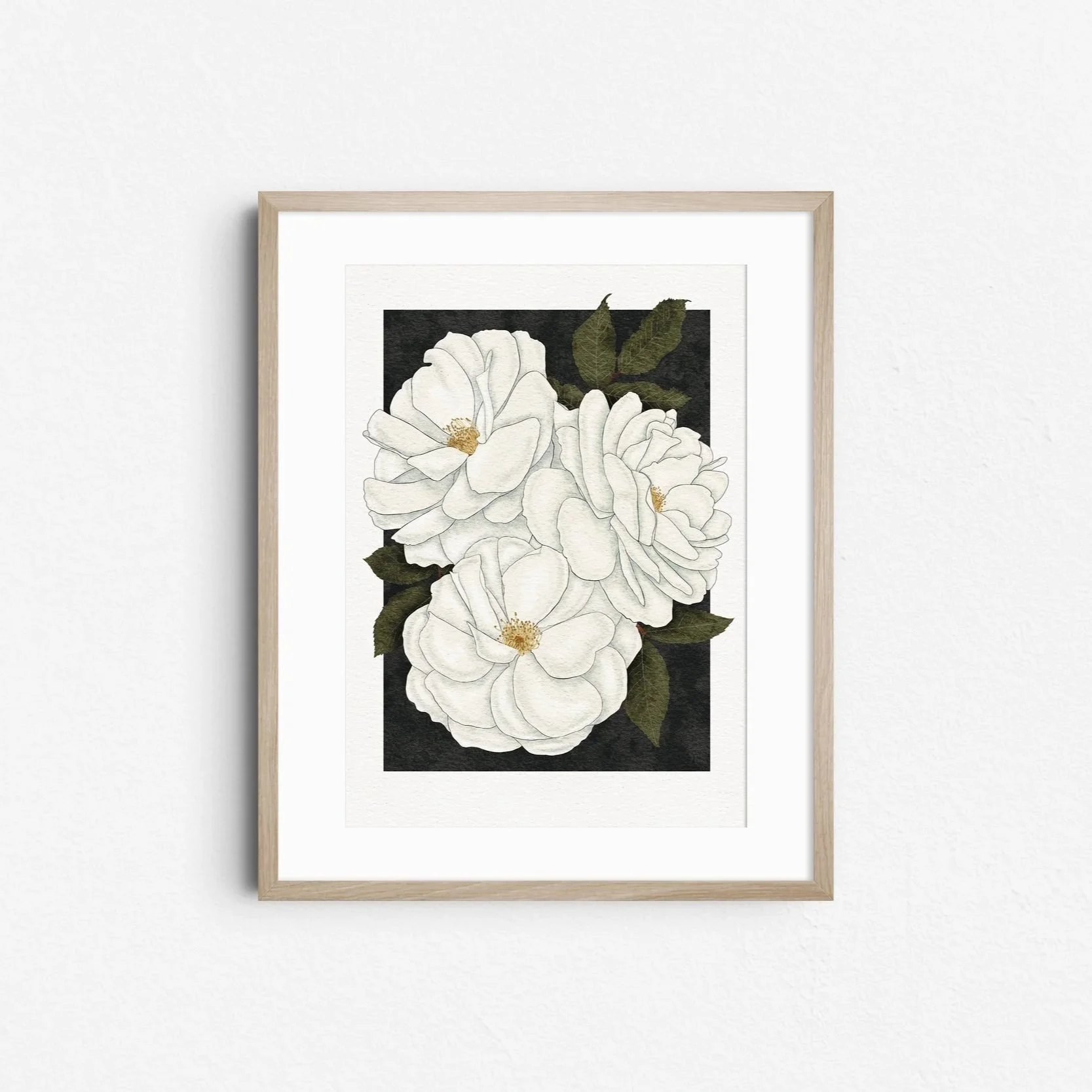 Madame Alfred Carrière roses art print by Liz Govier Art Studio, detailed digital botanical illustration of soft white climbing roses with deep green foliage, framed in light wood.