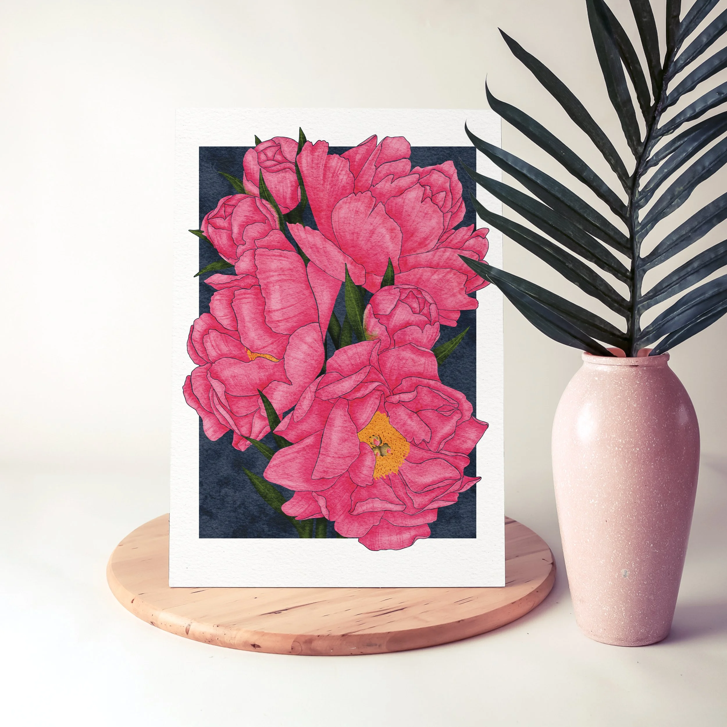 Unframed Karl Rosenfield Peonies art print styled with a pink vase and palm leaf, contemporary floral illustration by Liz Govier Art Studio.