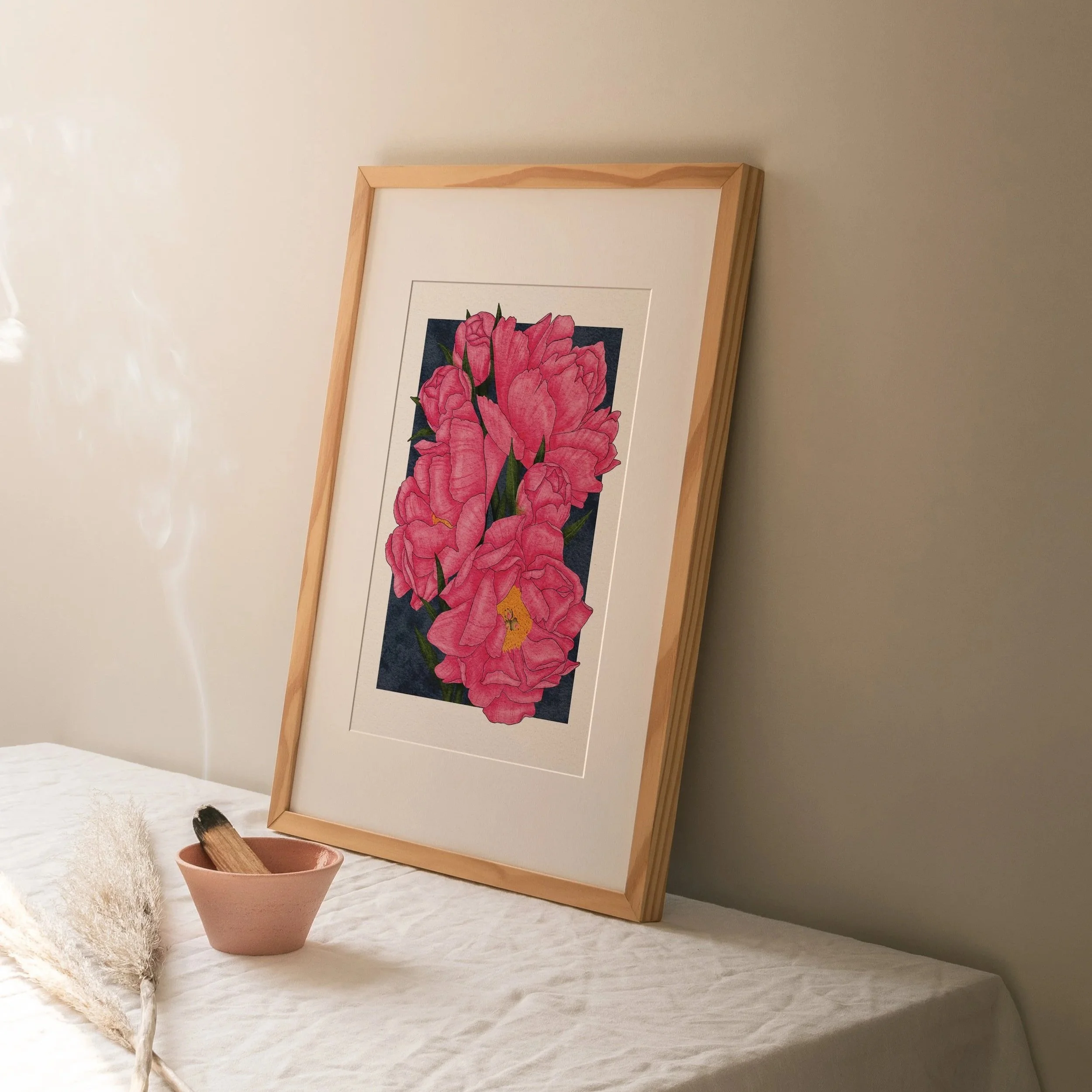 Large framed Karl Rosenfield Peonies art print displayed on a table with incense and ceramic bowl, vibrant botanical wall décor.