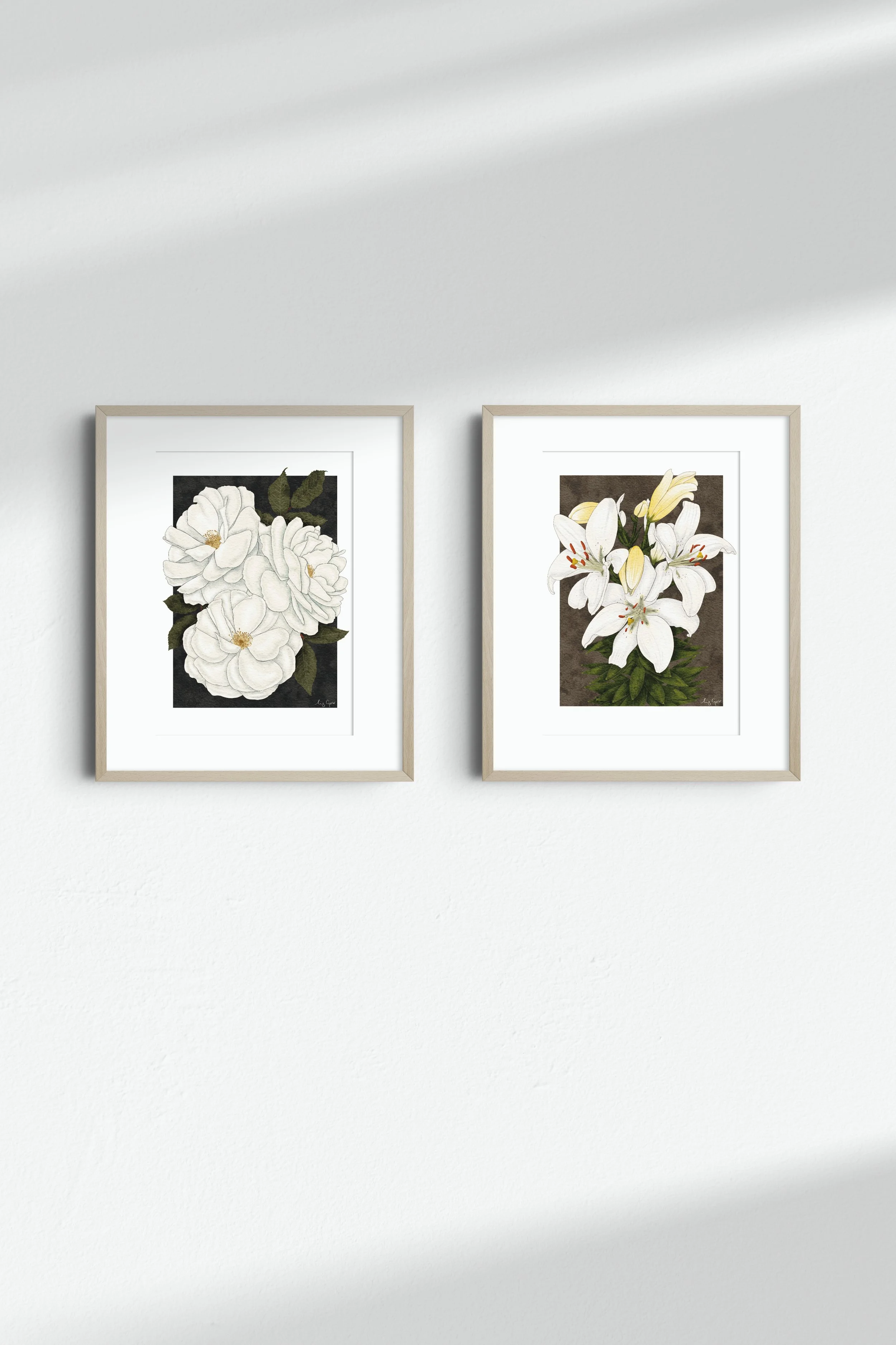 Two framed botanical fine art prints by Liz Govier Studio — Madame Alfred Carrière and White Lilies — displayed side by side on a softly lit wall.