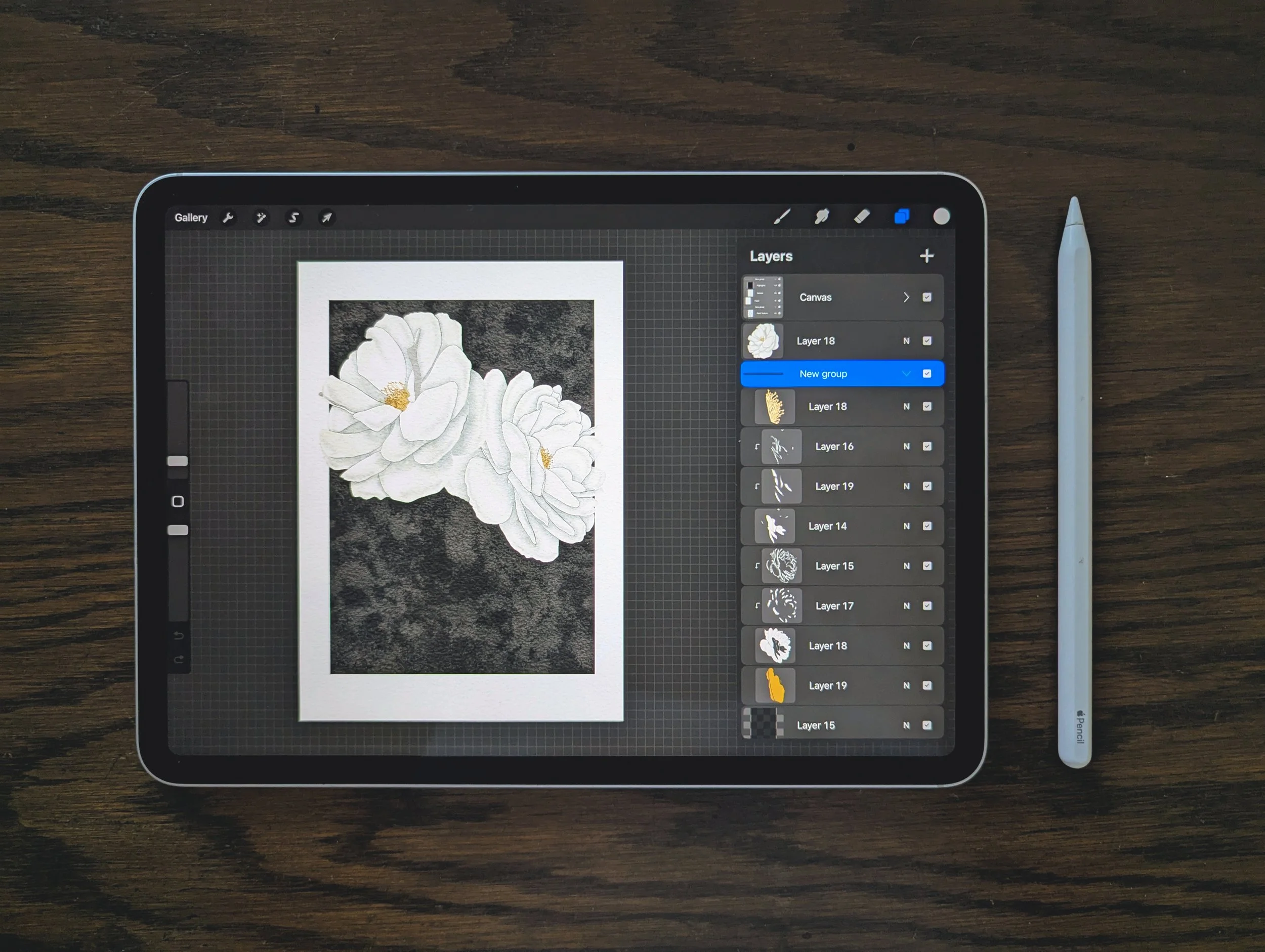 Digital painting of white roses in progress on a tablet screen, showing the layer structure and brushwork used in Liz Govier’s botanical art process.