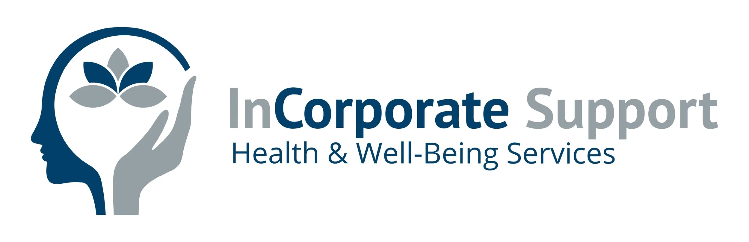Logo of a blue side profile of a person's head with a raised hand and a flower inside the head, alongside the text 'InCorporate Support' and 'Health & Well-Being Services'.