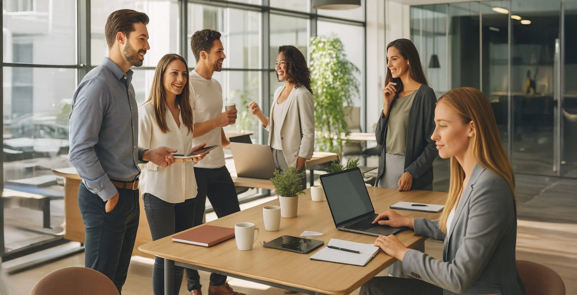 Business meeting in a modern office with six people, five standing and one seated at a desk, engaged in conversation and smiling.