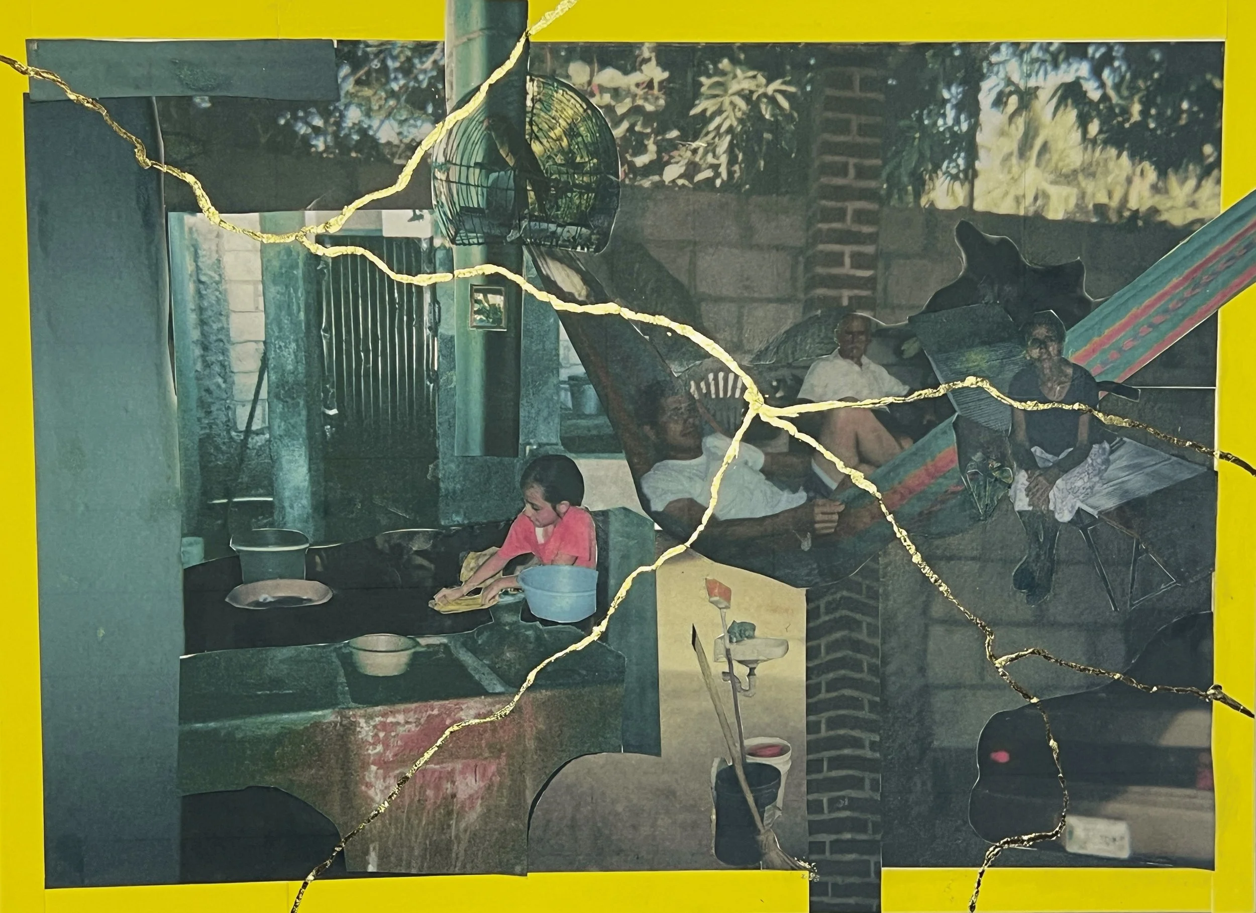 Moments in Time (2025)
Paper, Cold Stock, and Gold Leaf on Cold Press Paper
Moments in Time is a collage created from family photographs taken in their home in Guatemala. The images show three generations together, from granddaughter to grandparents,