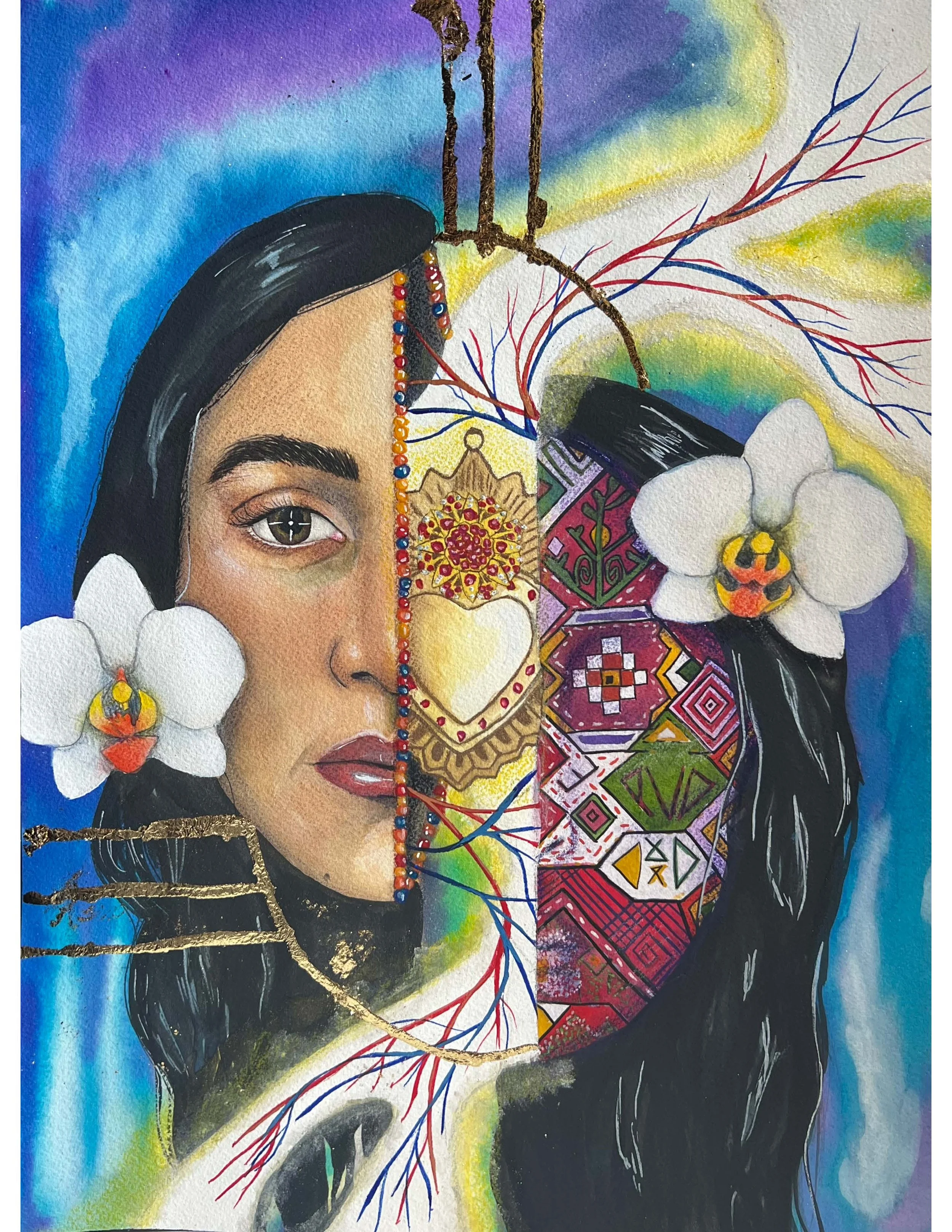 Recuerdo .Remember (2025)
12in x 16in Watercolor, gouache, color pencil, and gold leaf
Cold Press Paper