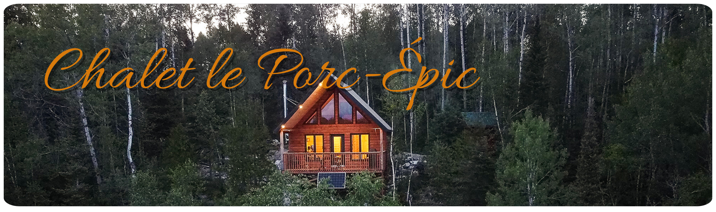 Chalet en bois avec des lumières allumées, entouré d'arbres dans une forêt