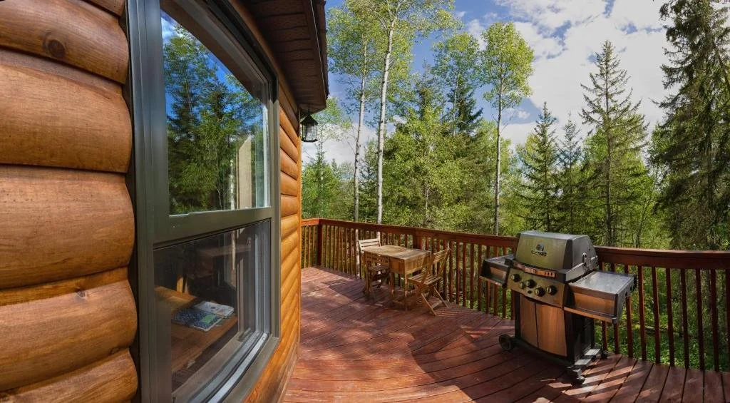 Balcon en bois avec barbecue et table en bois, surplombant une forêt dense de conifères et d'arbres feuillus, sous un ciel partiellement nuageux.