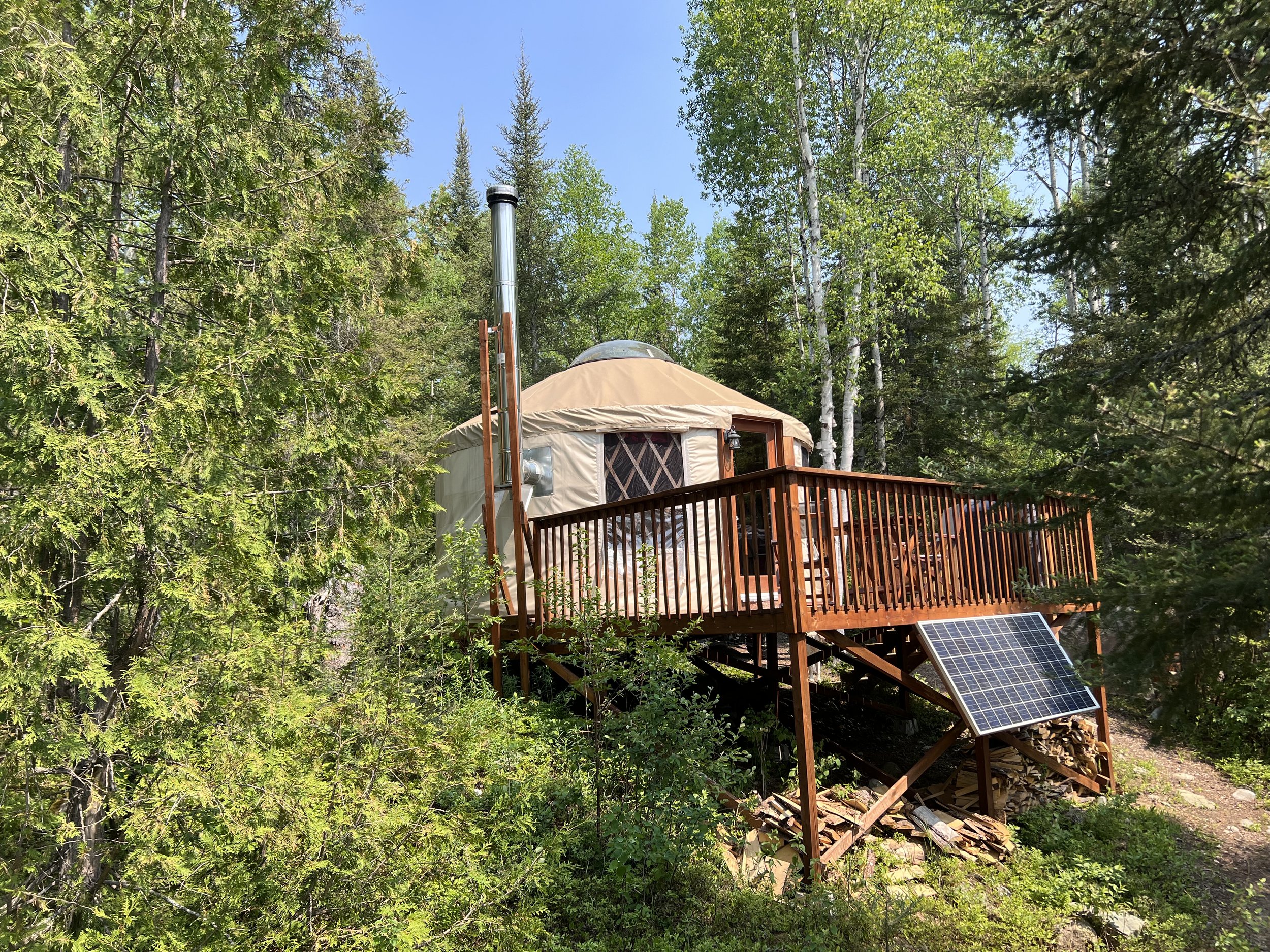 Une tiny house en bois avec un panneau solaire sur la pente de son toit, entourée d'arbres verts dans une forêt.