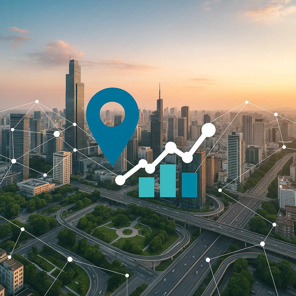 City skyline at sunset with a digital overlay of a graph, location pin, and data points, representing urban growth and analytics.