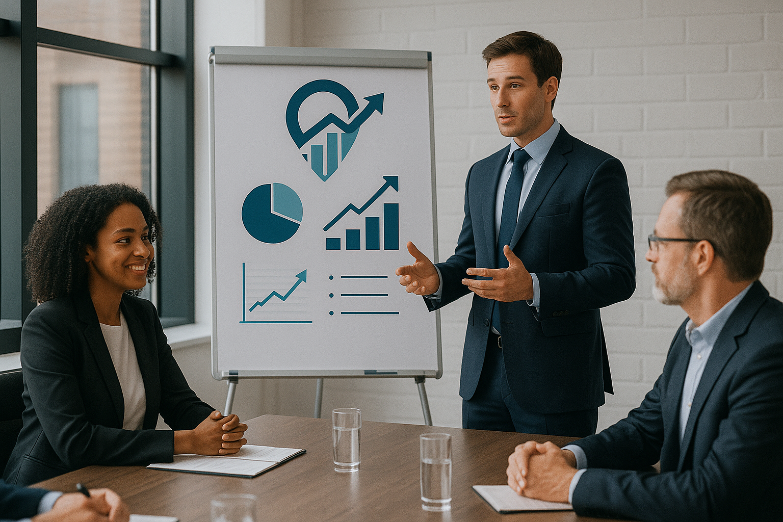 Business presenter in suit giving a presentation on financial graphs to seated colleagues in a conference room.