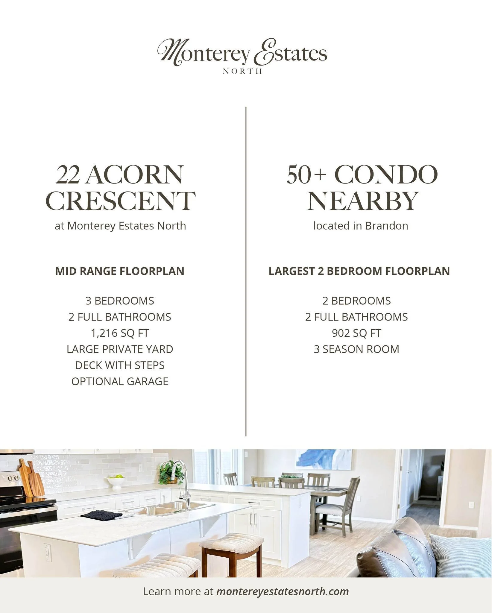 Skip the tight condo layouts and shared walls. Monterey Estates North homes offer spacious floorplans, room to host, and outdoor space to call your own. All designed for easy, independent living.

Book a site tour with Marie today!