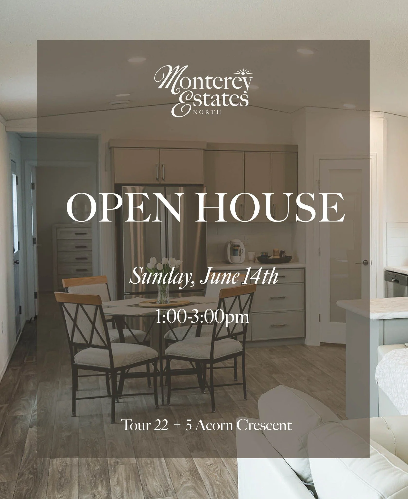 🏡 June Open House at Monterey Estates North and Sunridge Homes.

Two locations. Two incredible opportunities to tour through our quick possession and ready to move homes.

Join us on Sunday, June 14 from 1:00&ndash;3:00 PM and tour two of our remain