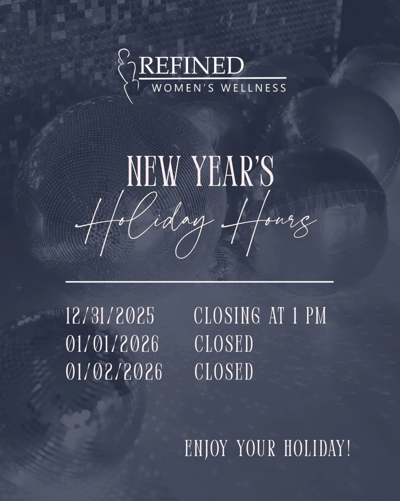 As we close out the year, our team is taking a brief pause to reset and prepare for the year ahead.

Holiday Hours
&bull; 12/31/2025: Closing at 1 PM
&bull; 01/01/2026: Closed
&bull; 01/02/2026: Closed

Thank you for being part of our wellness commun