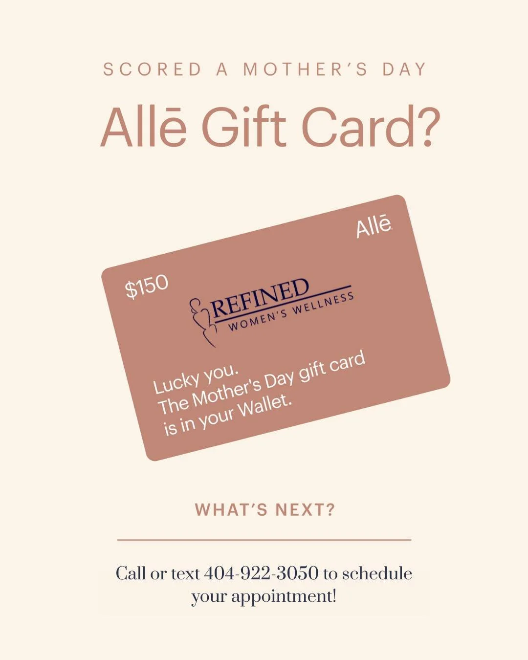 It&rsquo;s officially live. ONE DAY ONLY! 💞

Allē gift cards are now available! Save $50 on a $150 Allē gift card for Mother&rsquo;s Day, and they&rsquo;re known to go quickly. This exclusive offer is only for Allē Members, so join now to get this l